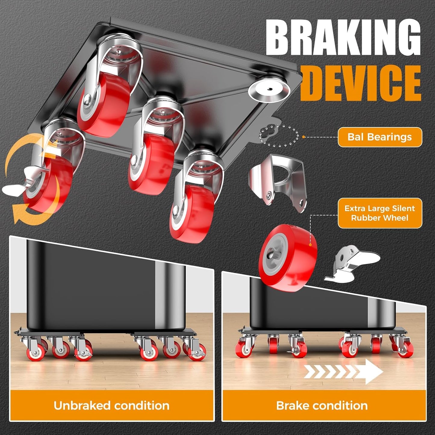 2000LBS Heavy Duty Furniture Dolly & Mover - 6.4" Carbon Steel Panel with 5X 360° Wheels, Non-Slip Sliders & Lifter for Sofa, Piano, Appliances (Red)