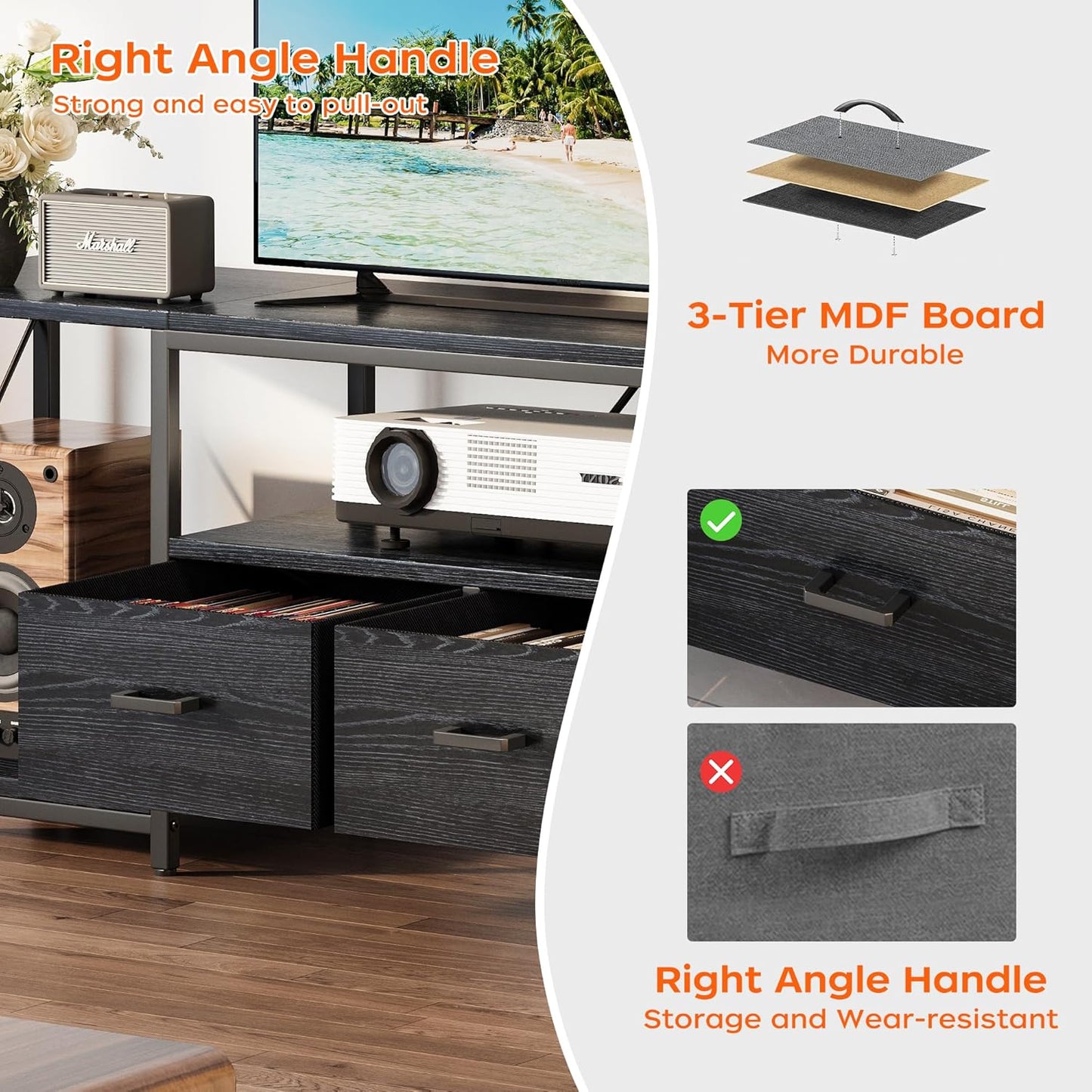 Homeiju TV Stand for TVs up to 75 Inch, Entertainment Center with Fabric Drawers, TV Media Console Table with Open Storage Shelves for Living Room, Bedroom, Black