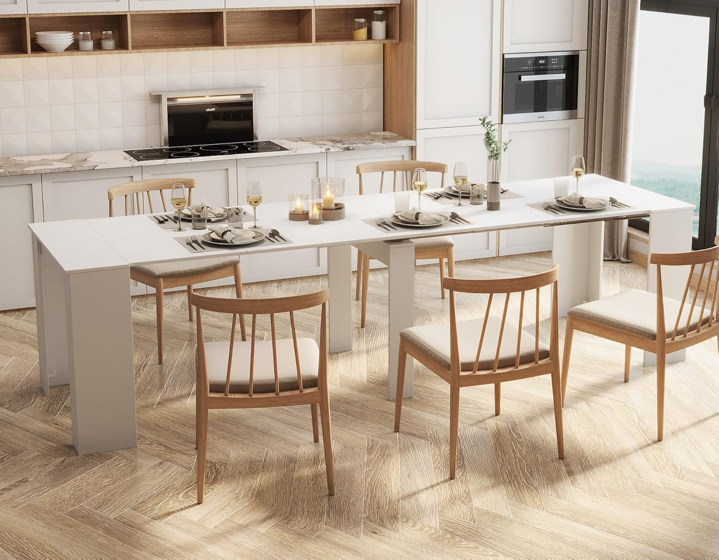 KEIKI 20”-118.5”L Extendable Foldable Dining Room Table for 1-10 People, Wood Modern Rustic Rectangle Expandable Kitchen Living Meeting Room Furniture, 6 Tabletop Length Options, White