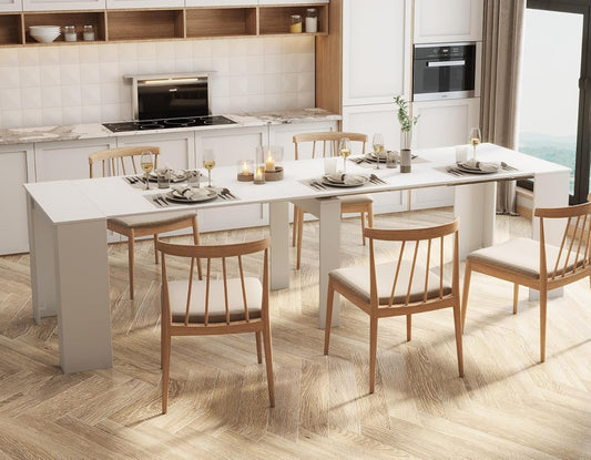 KEIKI 20”-118.5”L Extendable Foldable Dining Room Table for 1-10 People, Wood Modern Rustic Rectangle Expandable Kitchen Living Meeting Room Furniture, 6 Tabletop Length Options, White