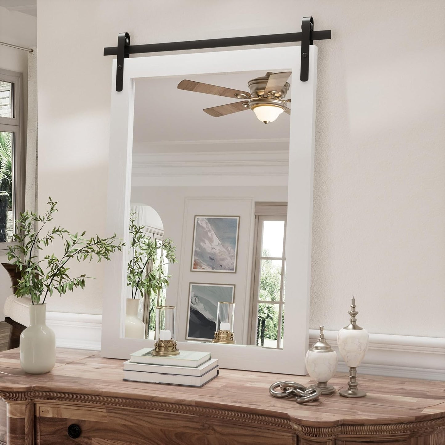 Farmhouse Bathroom Mirror, White Rustic Square Mirror for Wall Wood Framed Vanity Mirrors, Barn Door Style Decor Living Room Entryway Bedroom Mirrors, 18x26INCH (Hanging/Leaning)