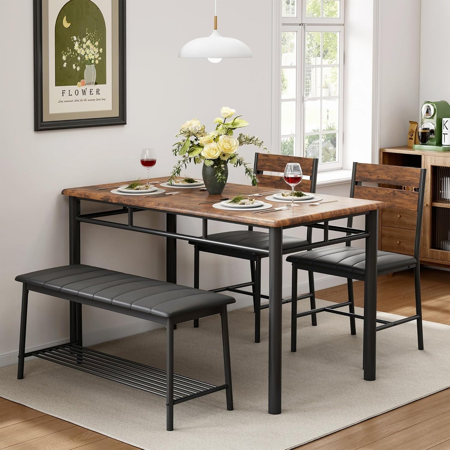 IRONCK Dining Table Set for 4, Kitchen Table with Upholstered Bench and 2 Chairs, Kitchen Table and Chairs Set for Small Space, Apartment, Rustic Brown