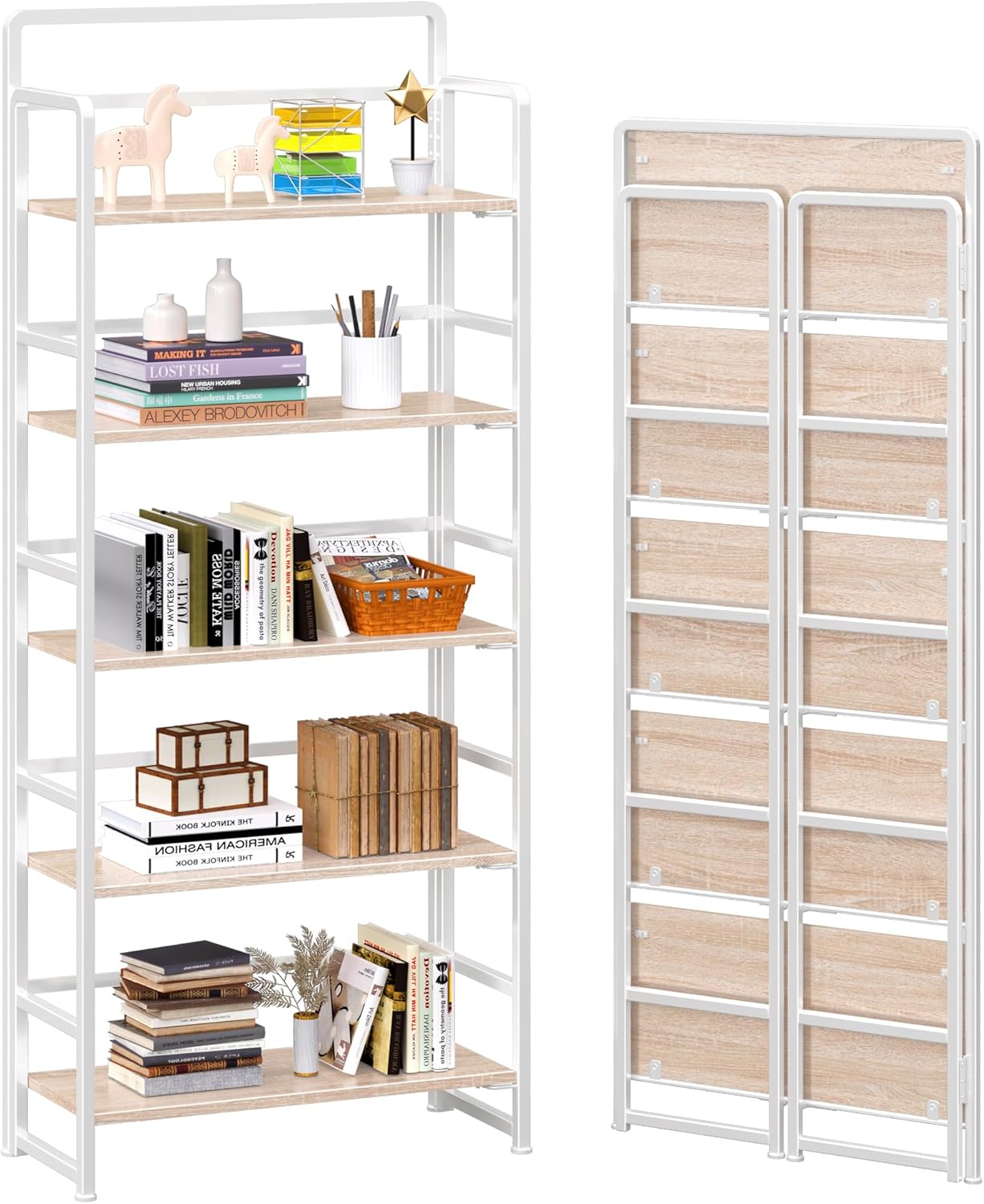 4NM No-Assembly 5 Tiers Folding Bookshelf Storage Shelves Vintage Bookcase Standing Racks Study Organizer Home Office (Natural White)