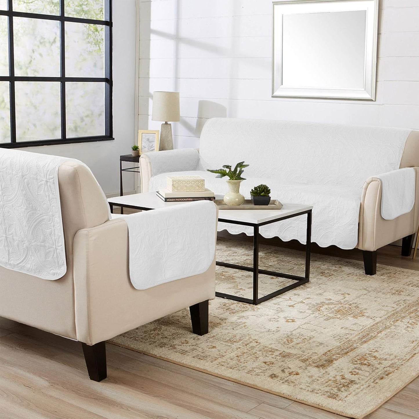 Great Bay Home Medallion Stitched Solid Furniture Protector Stain Resistant Durable Furniture Protector Elenor Collection (Sofa, White/Sand)