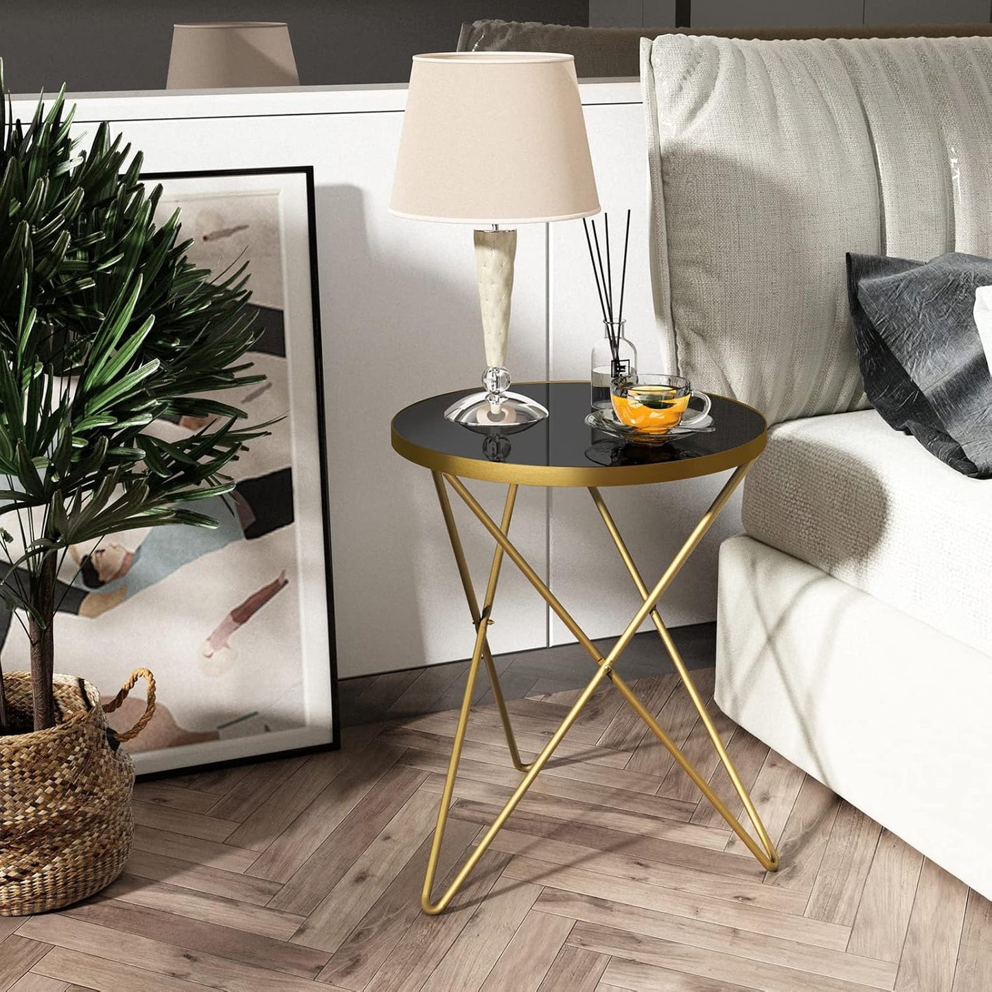 HLR Modern Round Side Table Set of 2, End Table with Marble Effect Top and Gold Metal Frame, Small Side Table for Living Room, Bedroom, Sofa and Couch, Gold Legs, Black Glass top
