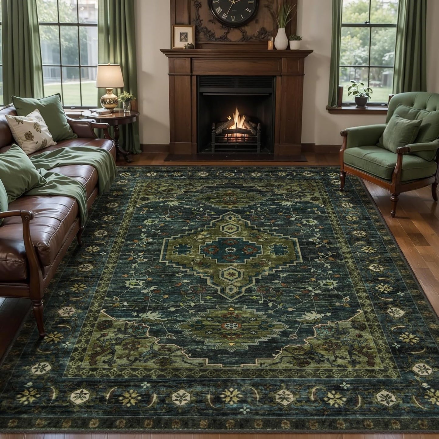 Tangsoo 5x7 Area Rug Washable Rug for Living Room, Vintage Indoor Non Slip Large Area Rugs, Print Distressed Rust Carpet, Soft Low Pile Foldable Floor Rug for Bedroom Dining Room Dorm Olive Green