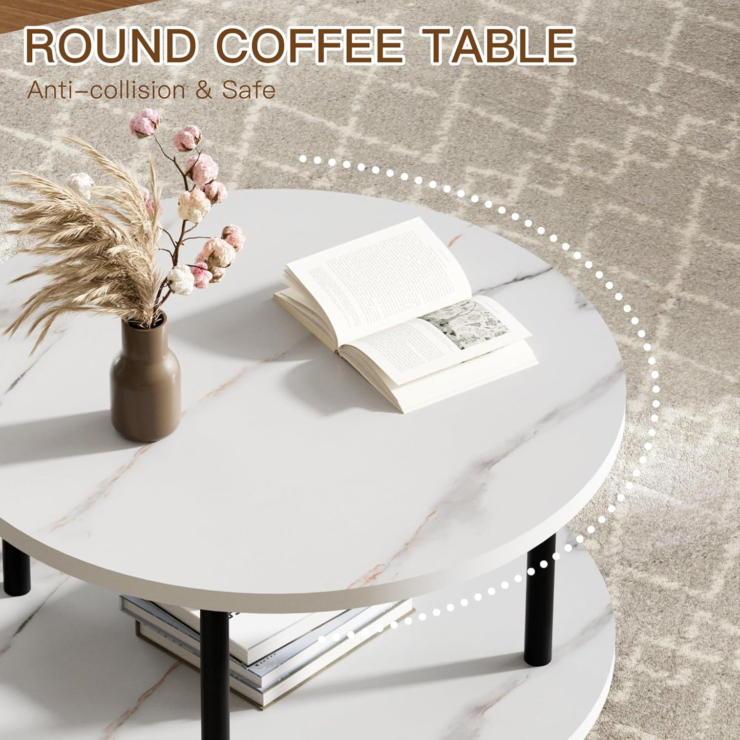 Round Coffee Table, 23.6" Circle Coffee Table for Living Room, 2-Tier Wood Accent Center Table with Open Storage Industrial Design Home Furniture, White