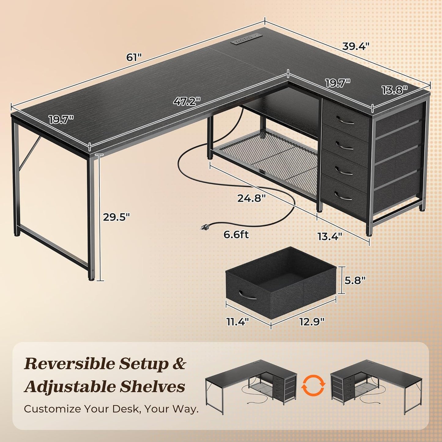 PRAISUN 61" L Shaped Desk with Power Outlets and USB-C Port, Reversible Computer Corner Office Desk with 4 Fabric Drawers and 2 Height-Adjustable Shelves, Large for Gaming Writing Work Study，Black