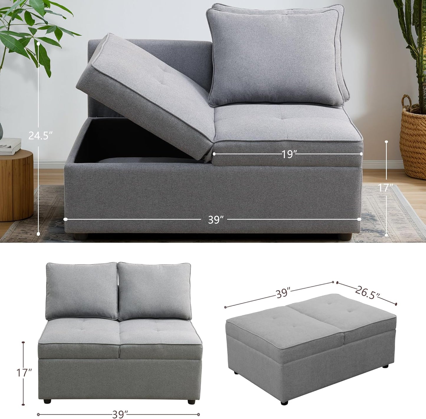 Convertible Ottoman Sofa with Storage, Modern Sackcloth Futon Couch with 2 Pillows Adjustable Backrest, Recliner Folding Loveseat for Living Room, Apartment Dorm, Office,Grey