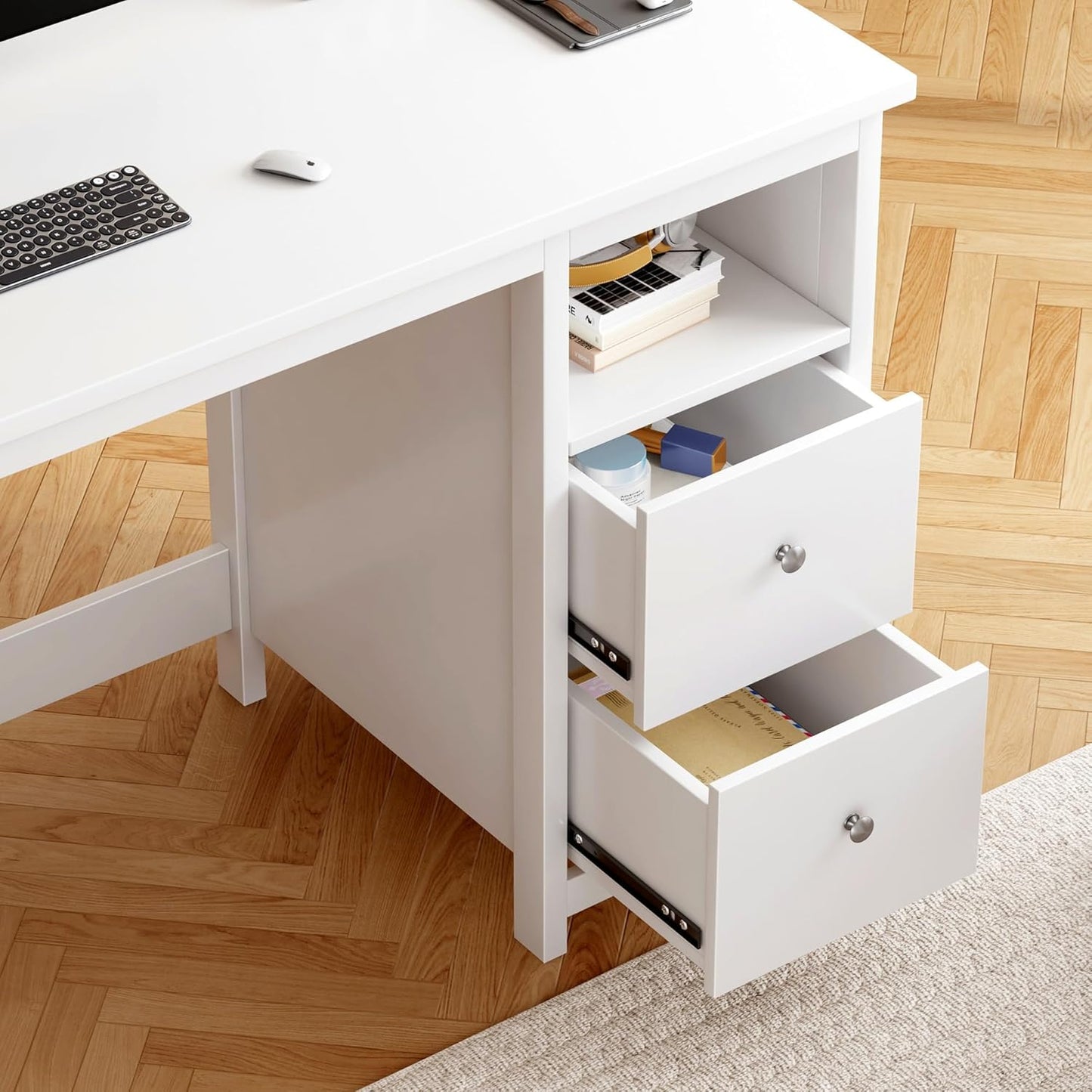 BHG White Desk with Drawers,Modern Small Computer Desk for Home Office, Makeup Vanity Desk Dressing Table for Bedroom,Filing Cabinet Writing Table PC Desks for Study (White, 39.3")