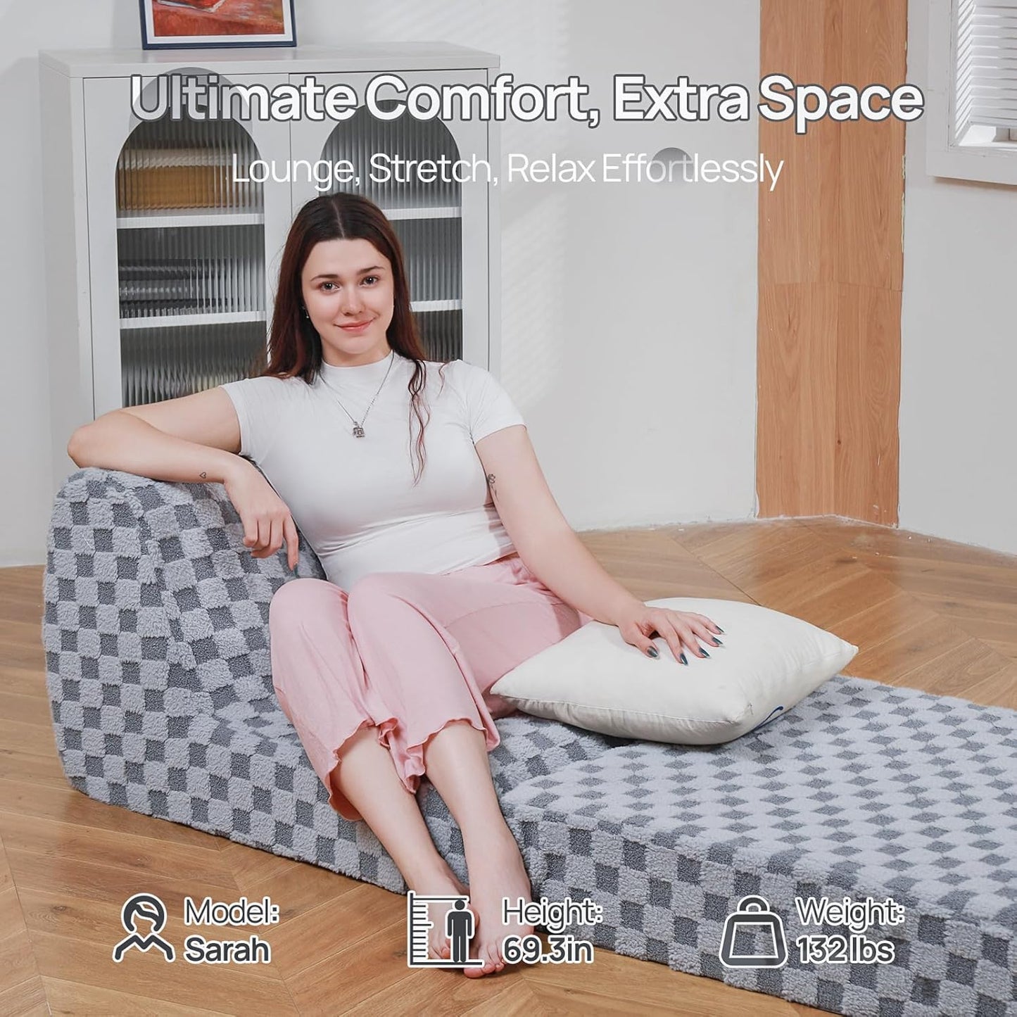 Bean Bag Chair with Checkerboard Shaker Fleece Fabric, Folding Sofa Bed, Floor Sleeper Lounge Chair, Lazy Sofa for Living Room, Bedroom, Apartments (Cement Gray)