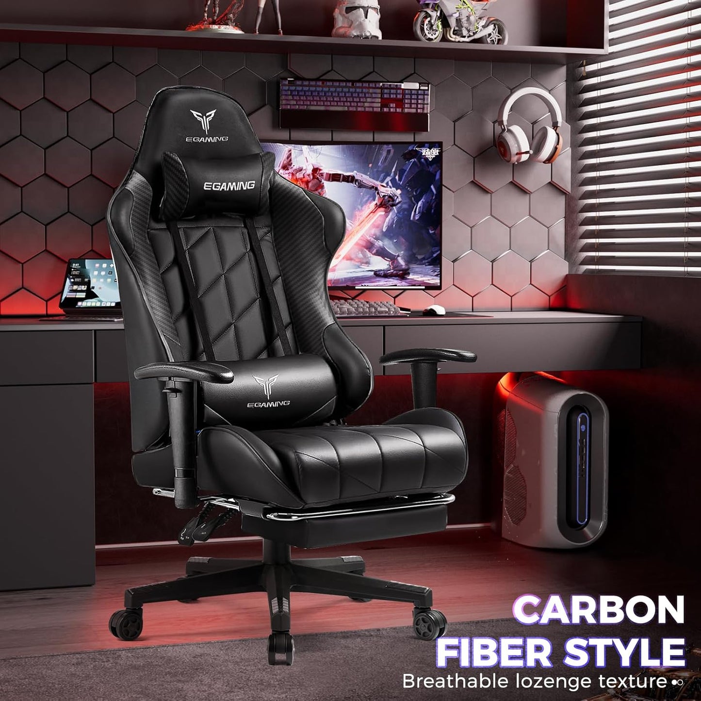 Gaming Chair with 3D Adjustable Armrests, Cow Print Design, Ergonomic Office Chair with High Back, Computer Chair with Footrest,Comfy Diamond Stitching Sest, Game Chair for Adults