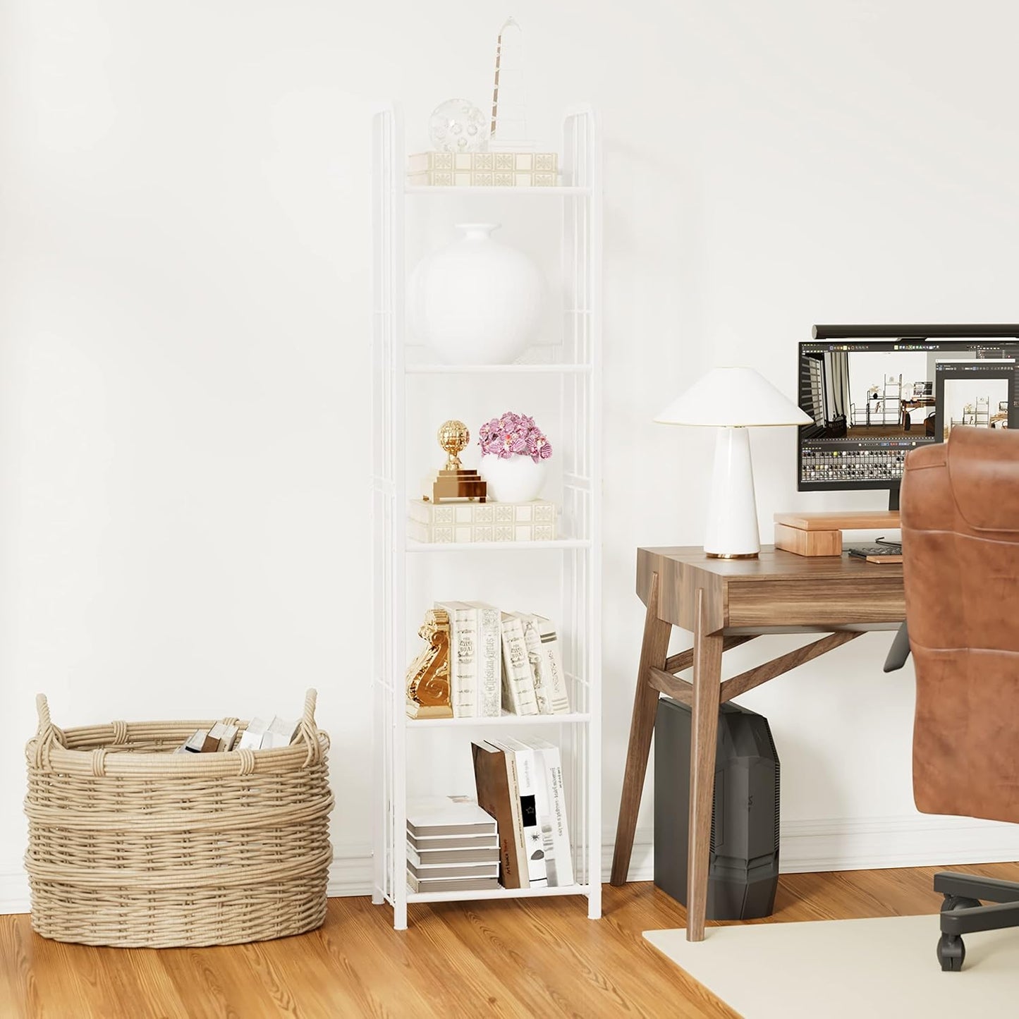 Bookshelf Storage Shelf Bookcase Freestanding Storage Stand for Living Room, Bedroom, Kitchen, Rust Resistance, Easy Assembly Free Combination Multi-Functional Organizer (5 Tiers,White)