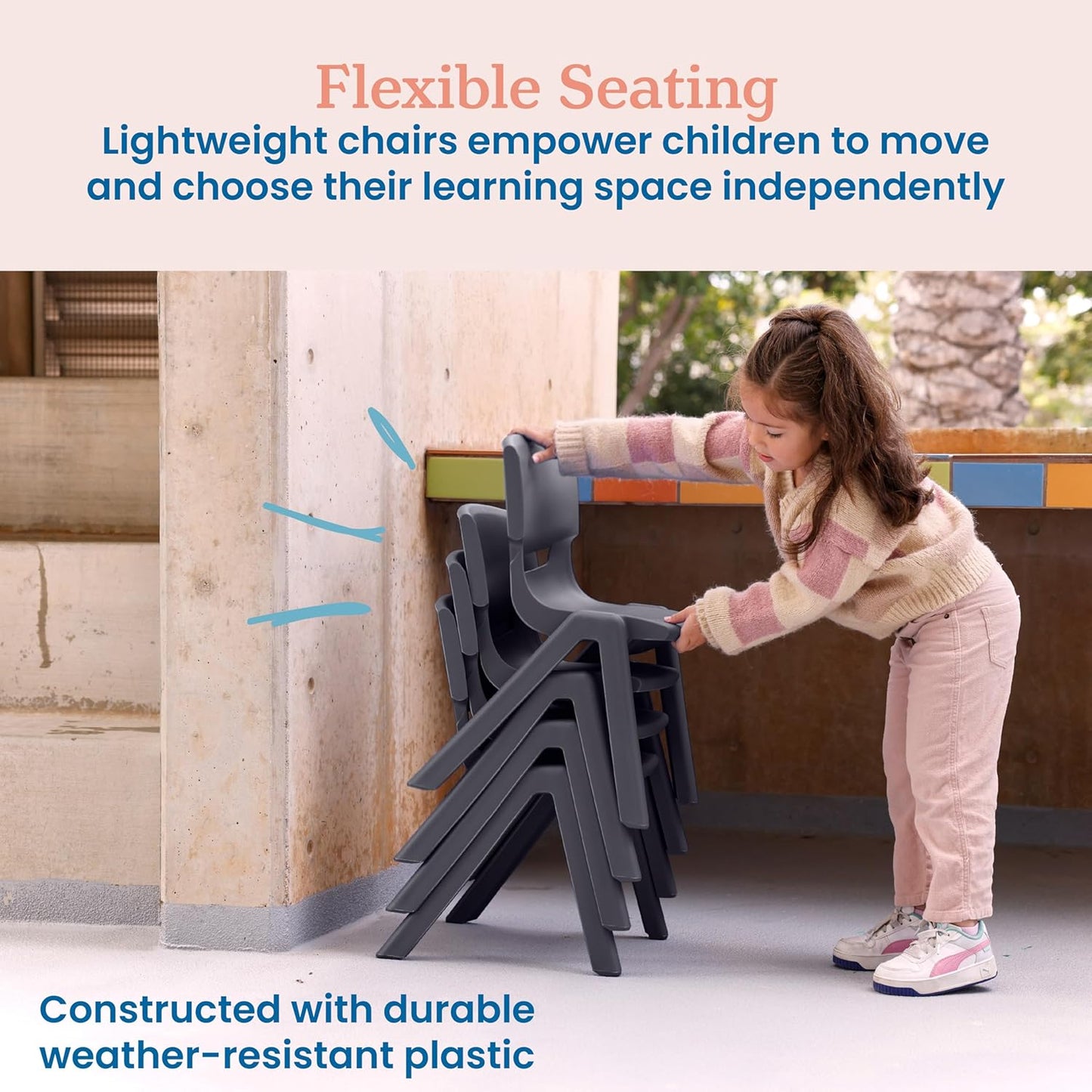 ECR4Kids 12in Plastic School Stack Chair, Classroom Furniture, Grey, 4-Pack