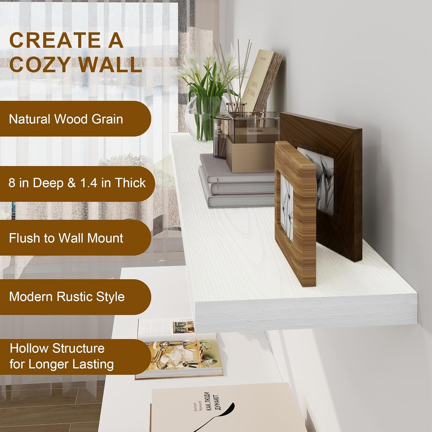 White Floating Shelves 48 Inch Long, 8 Deep Floating Shelves for Wall, Rustic 48" Long Fireplace Mantel, Large 48 x 8 Wall Shelves for Bedroom, Living Room, Bathroom, White Deep Shelves Set of 1