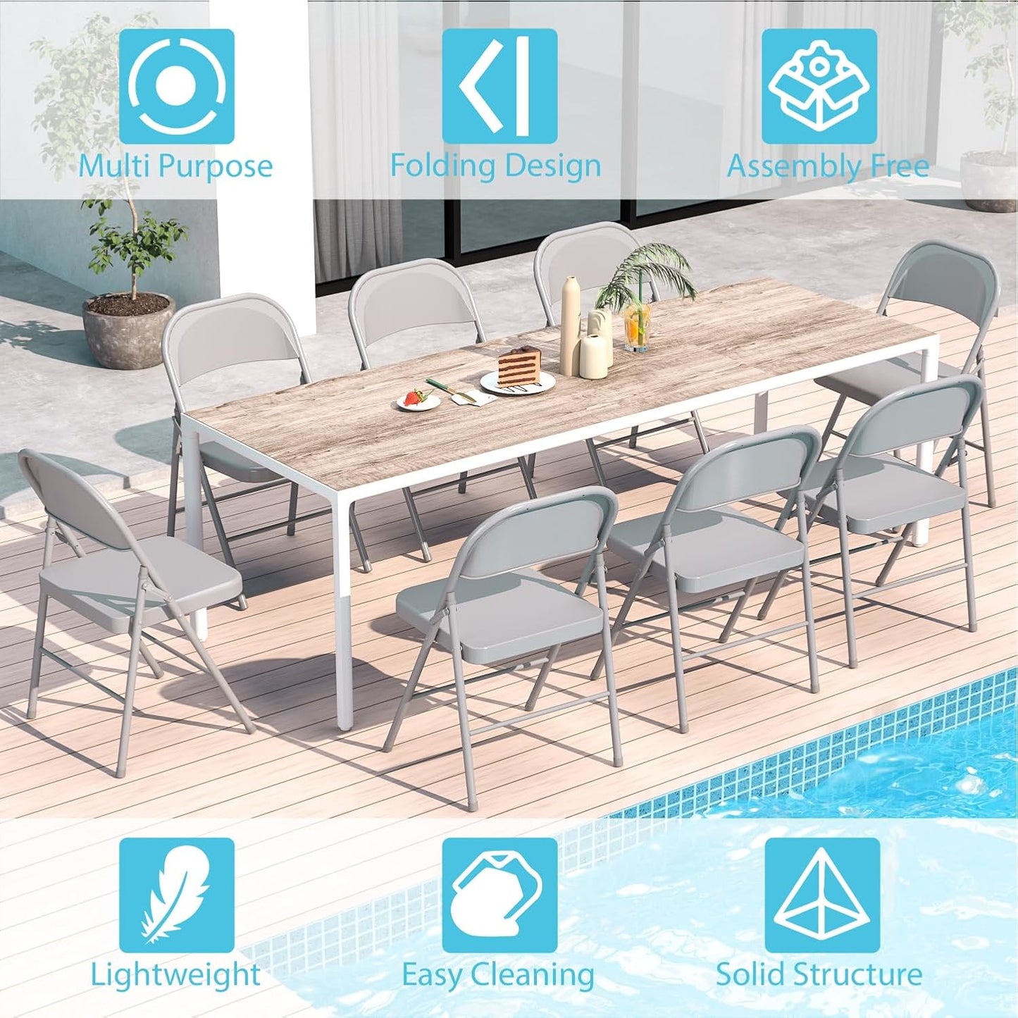 Metal Folding Chairs Steel Frame with Double Hinged for Office Kitchen Dinning Wedding Patio and Garden,No Assembly, Set of 4, Grey