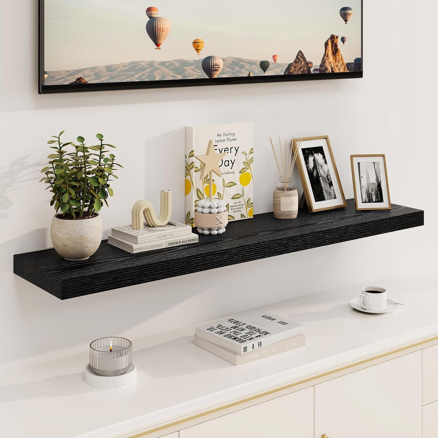 Black Floating Shelves 48 Inch Long, 8 Deep Floating Shelves for Wall, Rustic 48" Long Fireplace Mantel, Large 48 x 8 Wall Shelves for Bedroom, Living Room, Bathroom, Black Deep Shelves Set of 1