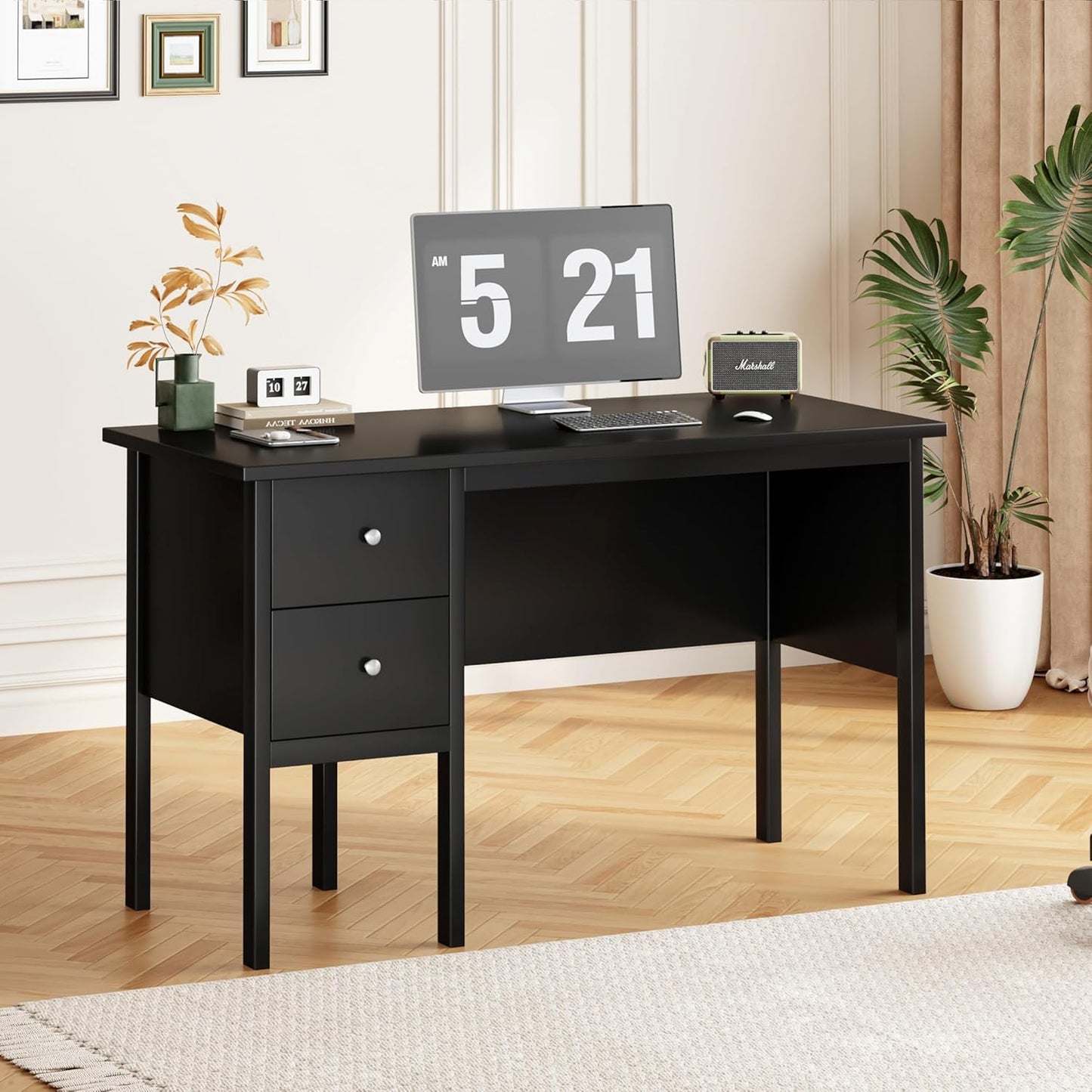 BHG Computer Desk with Drawers,Modern White Home Office Desk with Storage Filing Cabinet, Vanity Desk Makeup Dressing Table for Bedroom,Small Writing Table PC Desks for Study (Black, 43.3")