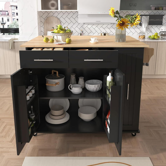 46" Kitchen Island with Drop Leaf,Dining Storage Cart W/ 3 Tier Pull Out Cabinet Organizer & Internal Storage Rack,Rolling Cart on Wheels W/Towel Rack & 2 Drawers,for Kitchen,Black