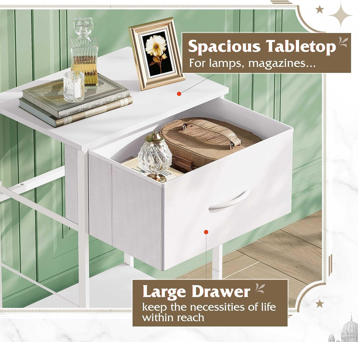 WLIVE Night Stand Set 2, White Nightstand with Fabric Storage Drawer and Open Wood Shelf, End Tables Dresser for Bedroom, Bed Side Table, Dorm, 25.03" Height