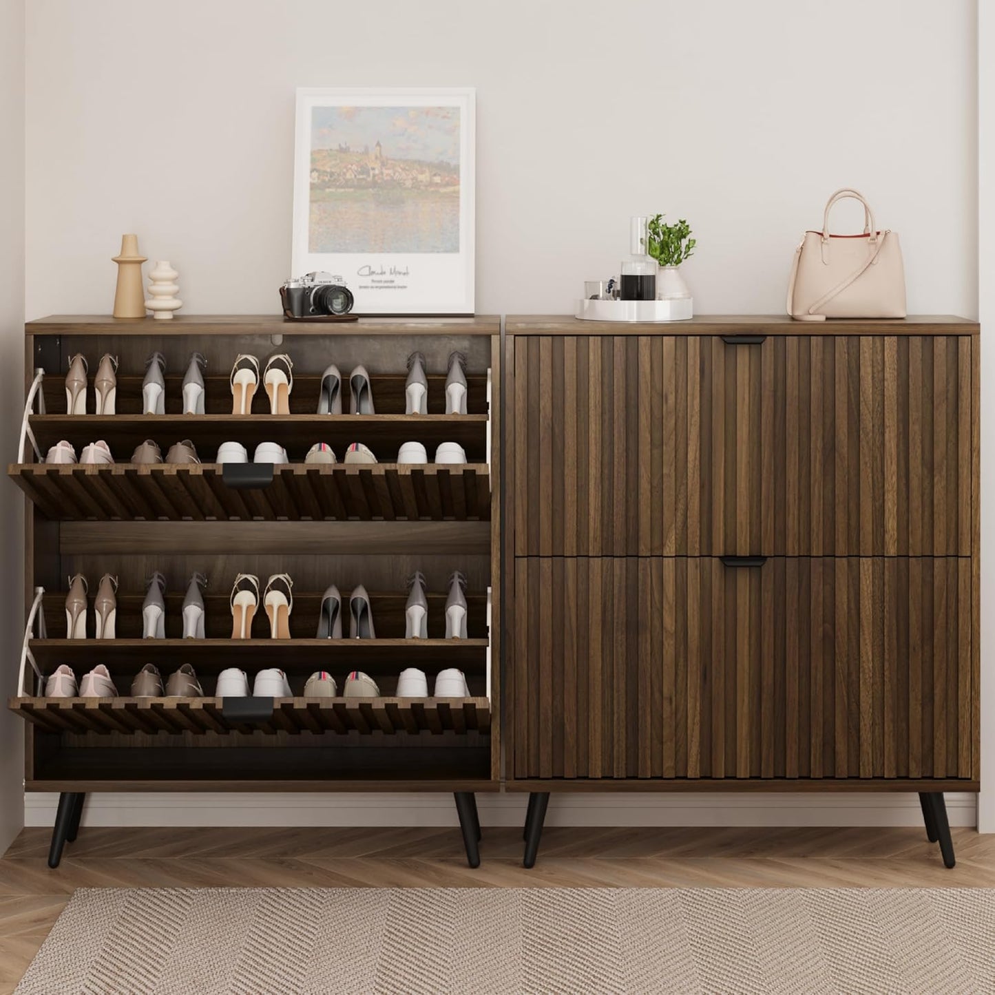 Smuxee Shoe Cabinet with 2 Flip Drawers, 31.5" Walnut Hidden Shoe Storage Cabinet with Fluted Design, Freestanding Shoe Organizer Cabinet for Entryway, Hallway, Closet, Living Room