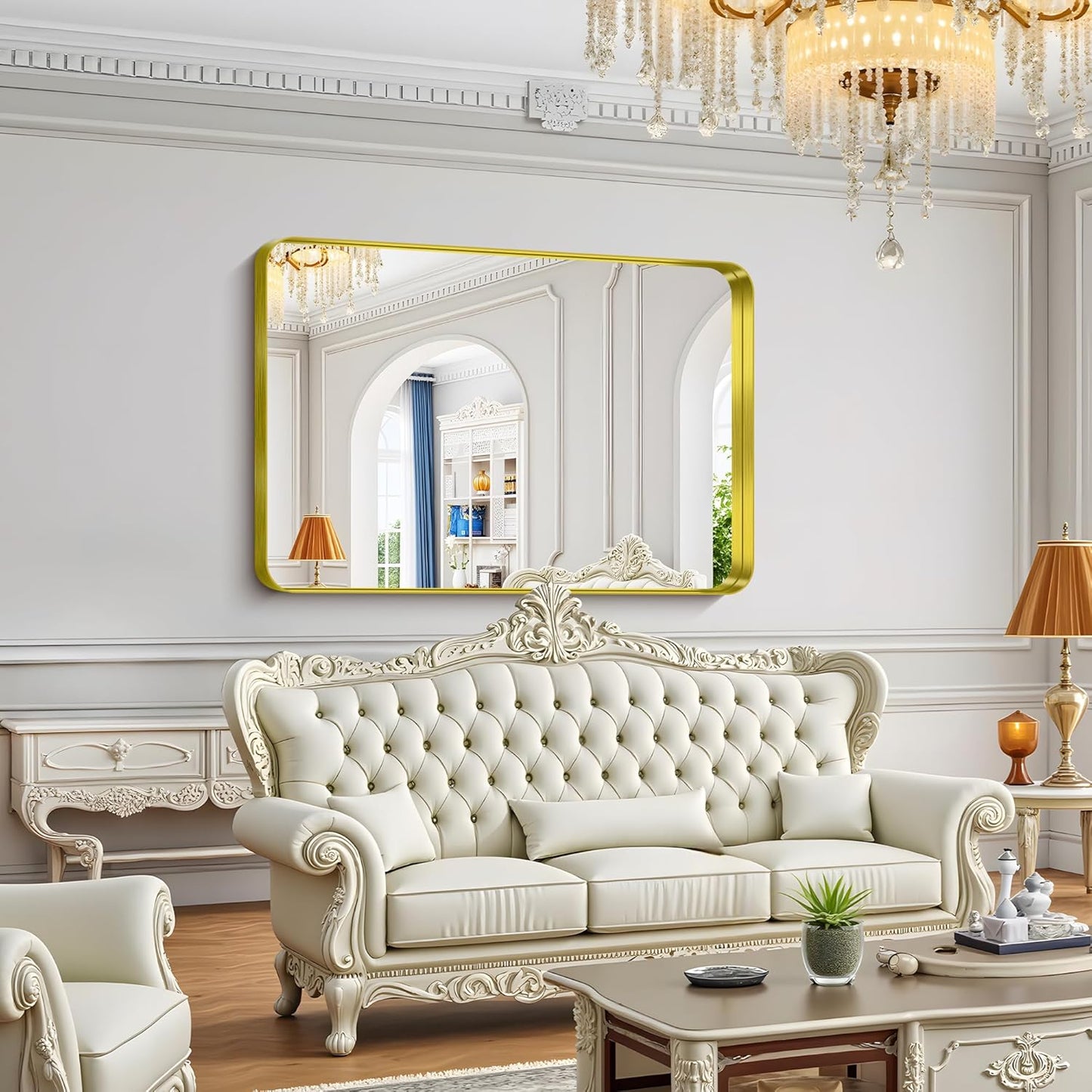 FORBATH 55x36 Inch Large Bathroom Mirror for Double Sinks, Brushed Gold Deep Frame Wall Mirror with Rounded Corners, Anti-Rust Tempered Glass for Modern Farmhouse Vanity (Horizontal/Vertical)