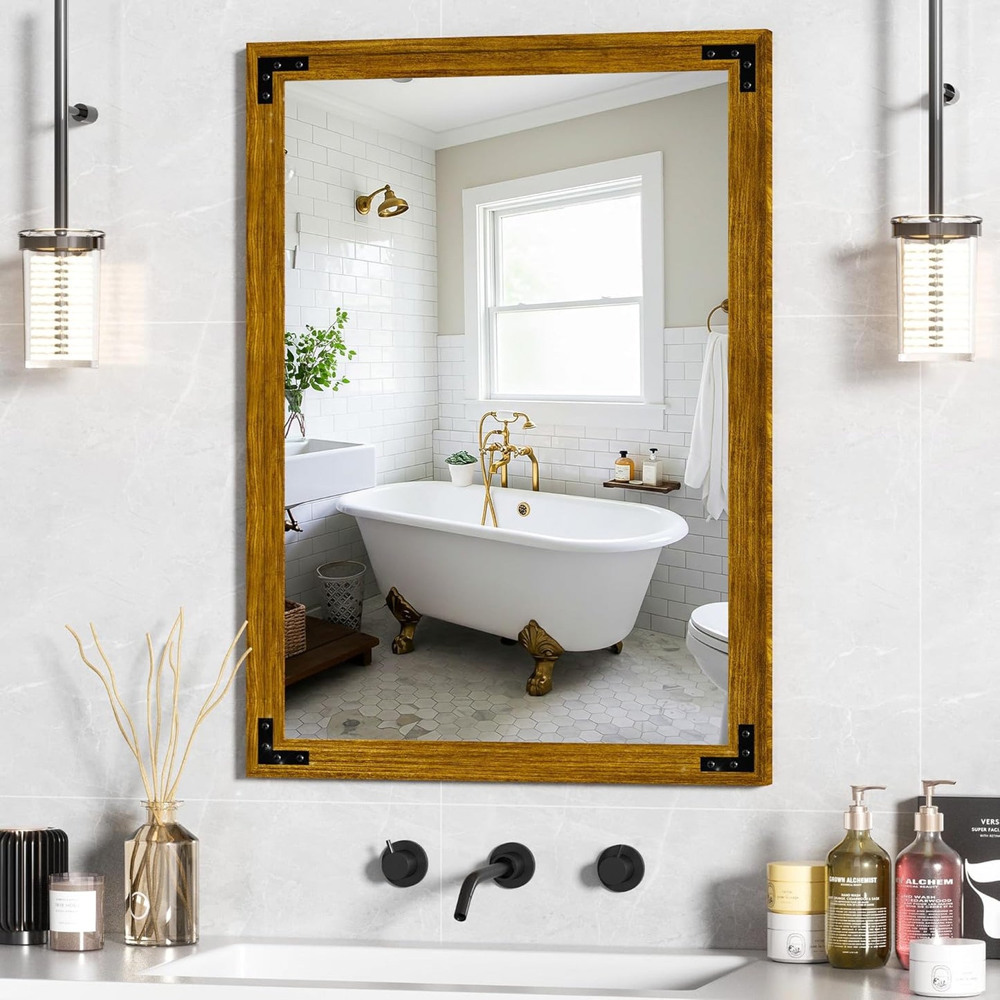 Hasipu Farmhouse Bathroom Mirror, 22"x30" Rustic Wood Framed Wall Mounted Mirror, Walnut Vintage Vanity Mirror Modern Farmhouse Style Decrative Mirrors