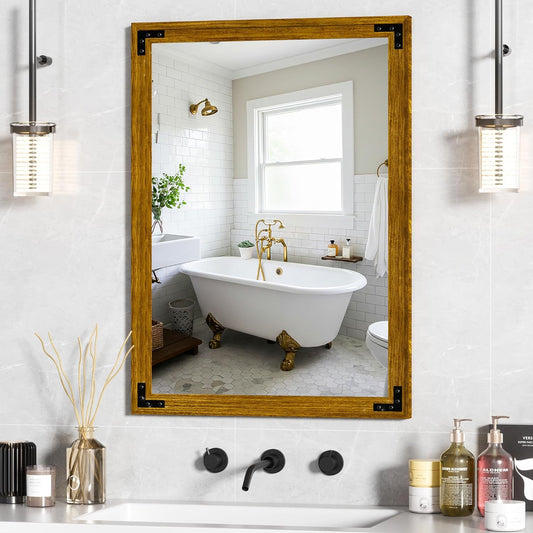 Hasipu Farmhouse Bathroom Mirror, 22"x30" Rustic Wood Framed Wall Mounted Mirror, Walnut Vintage Vanity Mirror Modern Farmhouse Style Decrative Mirrors