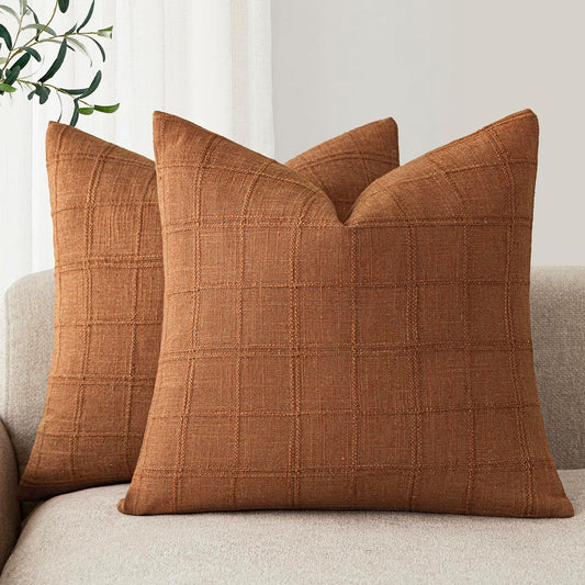 Foindtower Set of 2 Decorative Linen Check Throw Pillow Covers Neutral Farmhouse Vintage Cushion Covers Modern Boho Home Decor for Sofa Chair Couch Bedroom Living Room Outdoor,24×24 Inch,Orange