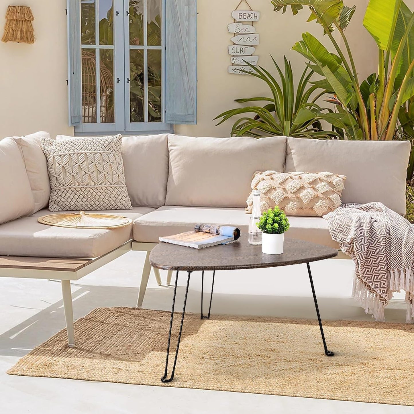 Folding Coffee Tables for Small Spaces Foldable Industrial Sofa Center Table Triangle Design Wood Framed Coffee Table Mid Century Rustic Brown Floor Desk for Living Room Balcony