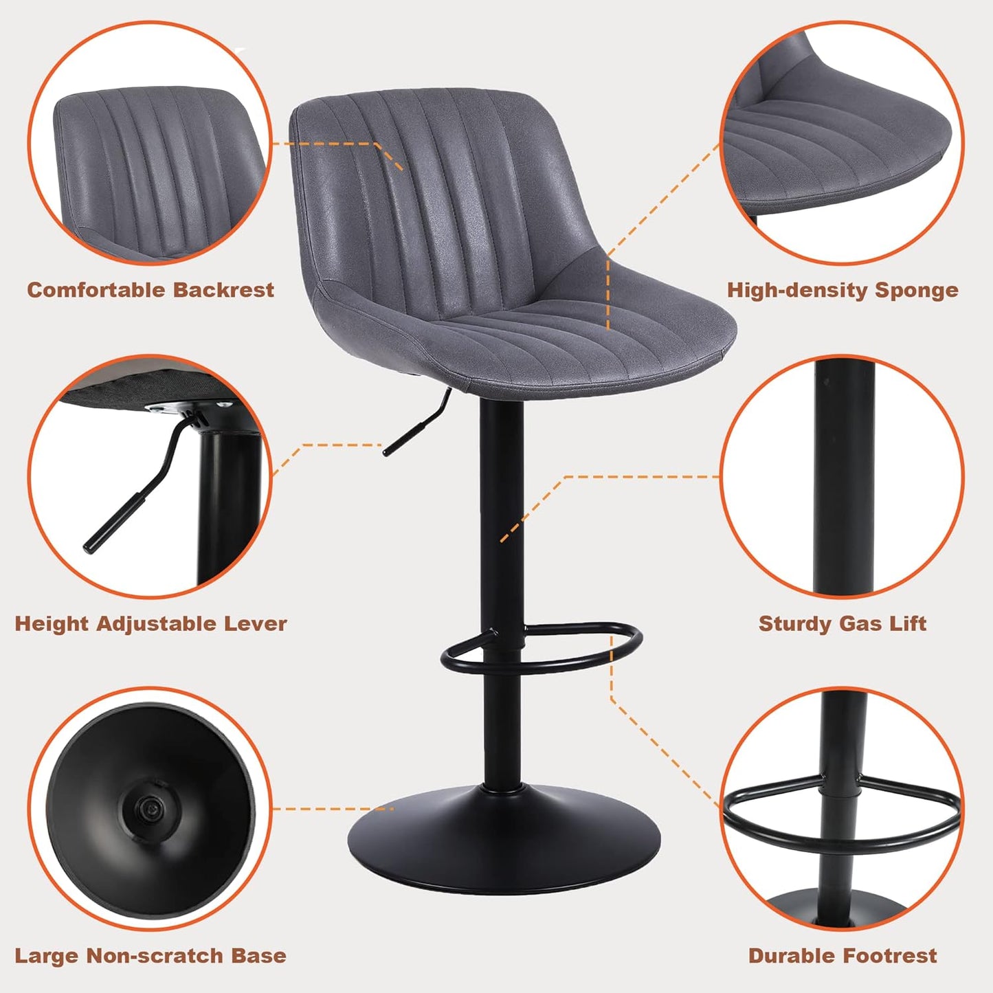 Bar Stools Set of 2, Swivel Counter Height Barstools with Back, Adjustable PU Leather Bar Chairs, Modern Armless Kitchen Island Stool, Dark Grey