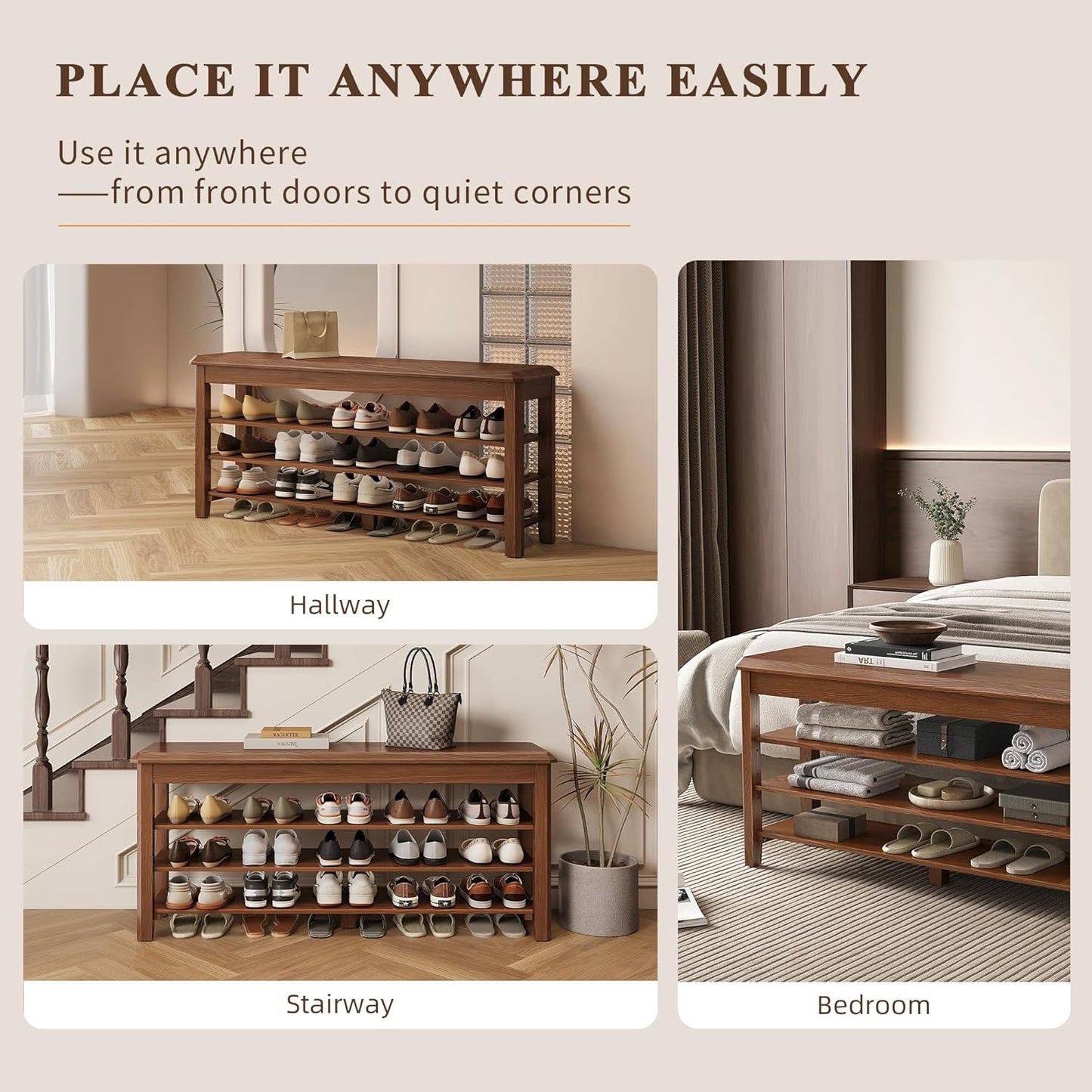 Shoe Rack for Front Door Entrance, Solid Wood Shoe Bench for Closet, Holds Up to 550lbs, Shoe Rack Bench for Entryway, Mudroom, Hallway