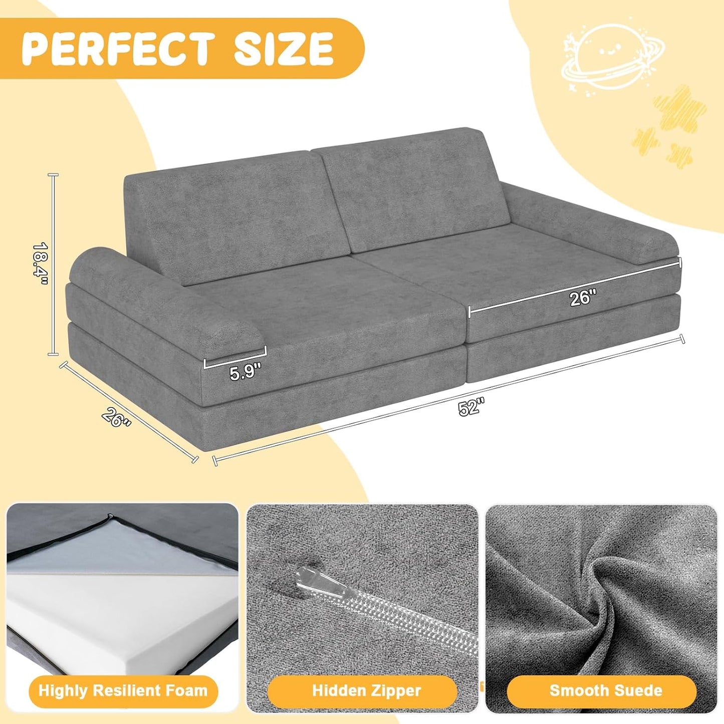 Modular Kids Play Couch 10PCS – Convertible Kids Sofa & Toddler Play Couch with DIY Foam Pieces for Imaginative Play, Climbing & Relaxation for Playroom, Bedroom, Nursery & Living Room