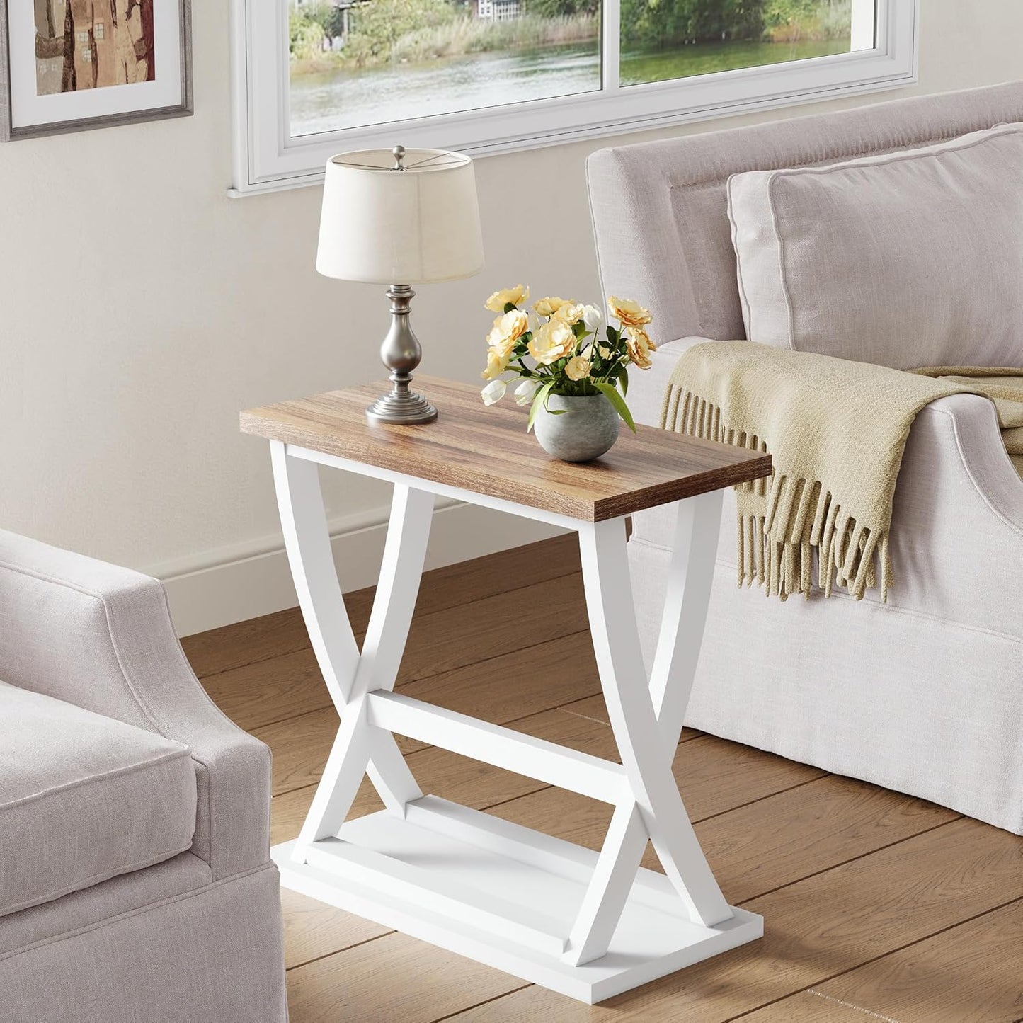 ChooChoo Farmhouse End Table, Narrow Side Table with Storage Shelf, Modern X-Design Slim End Table for Living Room,Bedroom, Small Space, 11.8" D*23.6" W*23.4" D