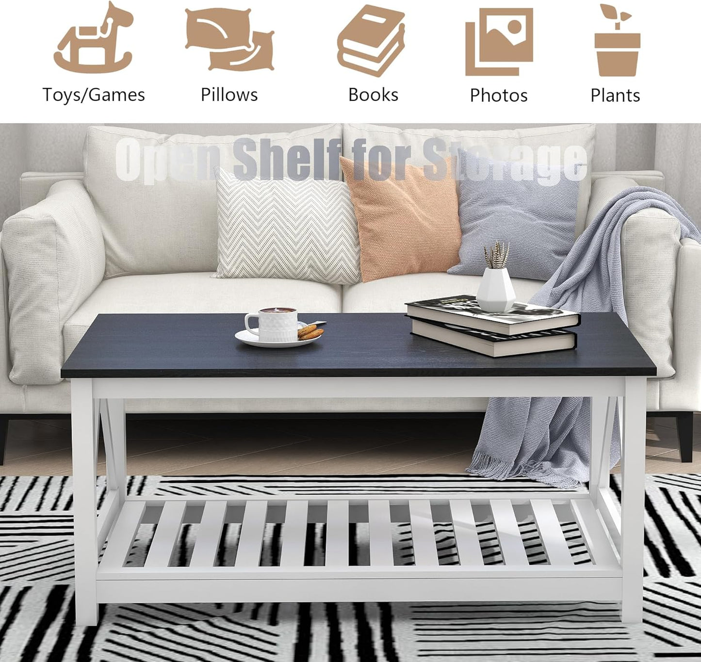 Farmhouse Coffee Table for Living Room, 2-Tier Rectangular Wooden Centre Cocktail Table with Slats Shelf Storage and V-Shaped Frame, Oak Blak