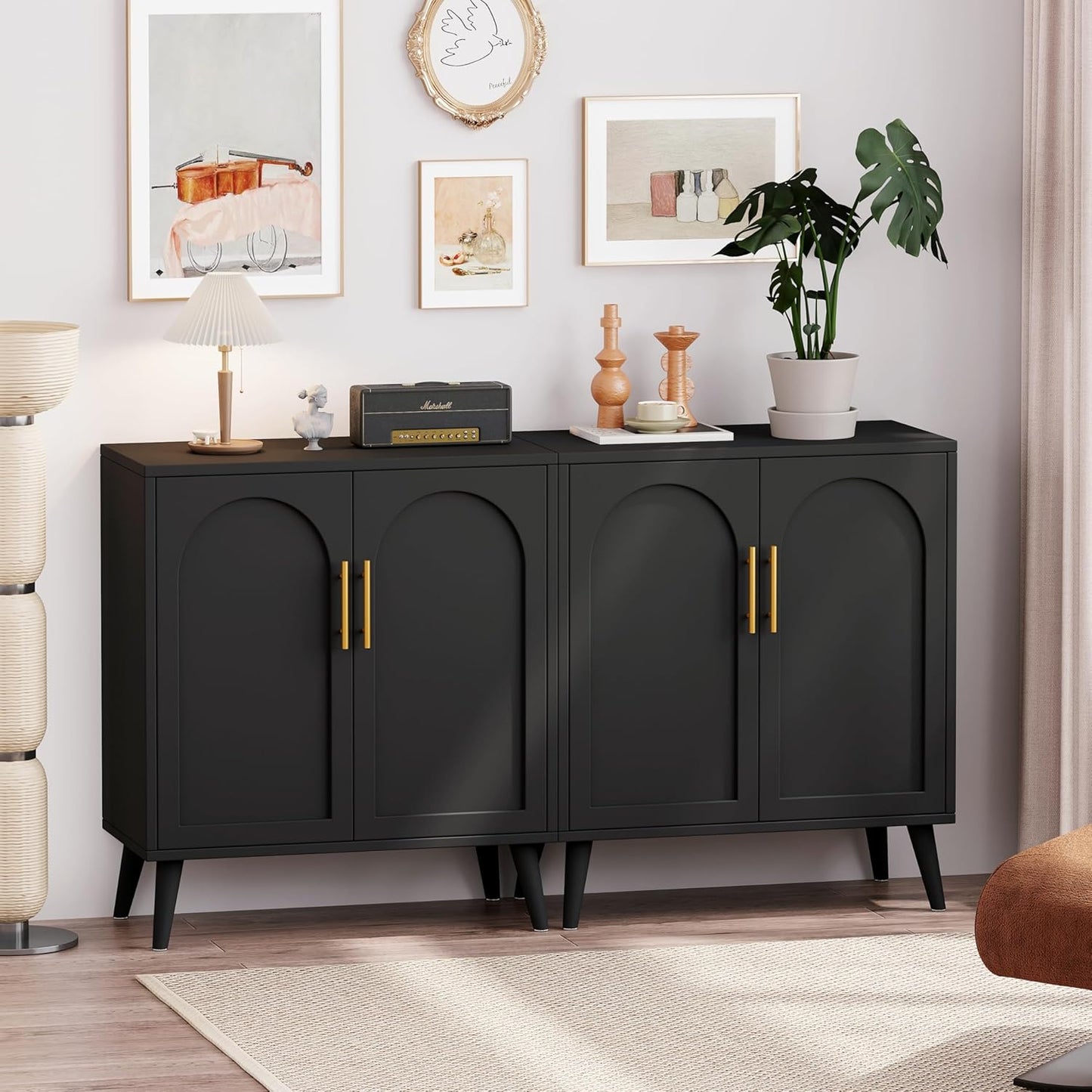 Rovaurx Rattan Storage Cabinet with Doors, Accent Bathroom Floor Cabinet, Modern Sideboard Buffet Cabinet for Living Room, Entryway, Dining Room and Kitchen, Black BMGZ108B
