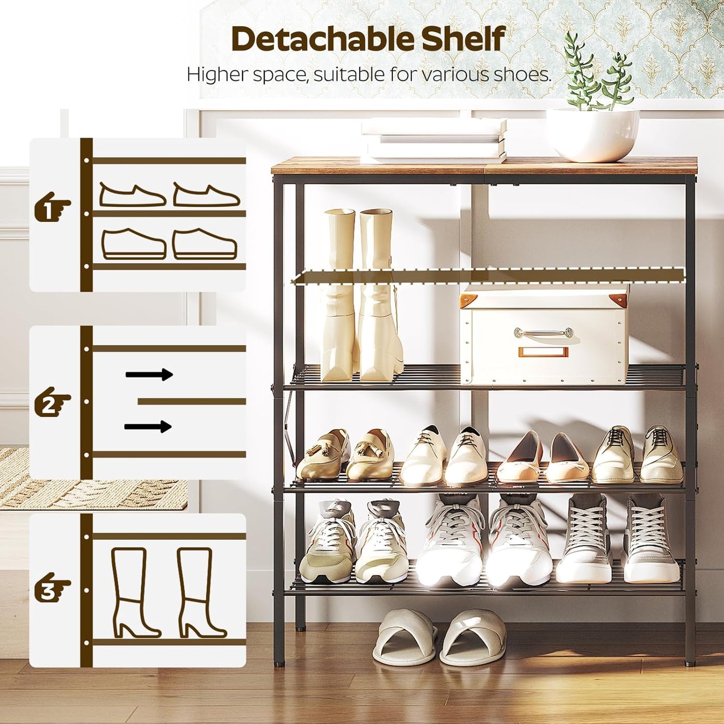 5-Tier Shoe Rack, Shoe Storage for Entryway and Closet, Free Standing Shoe Organizer with Metal Mesh Shelves, 16-20 Pairs of Shoes, Rustic Brown and Black SS05BR