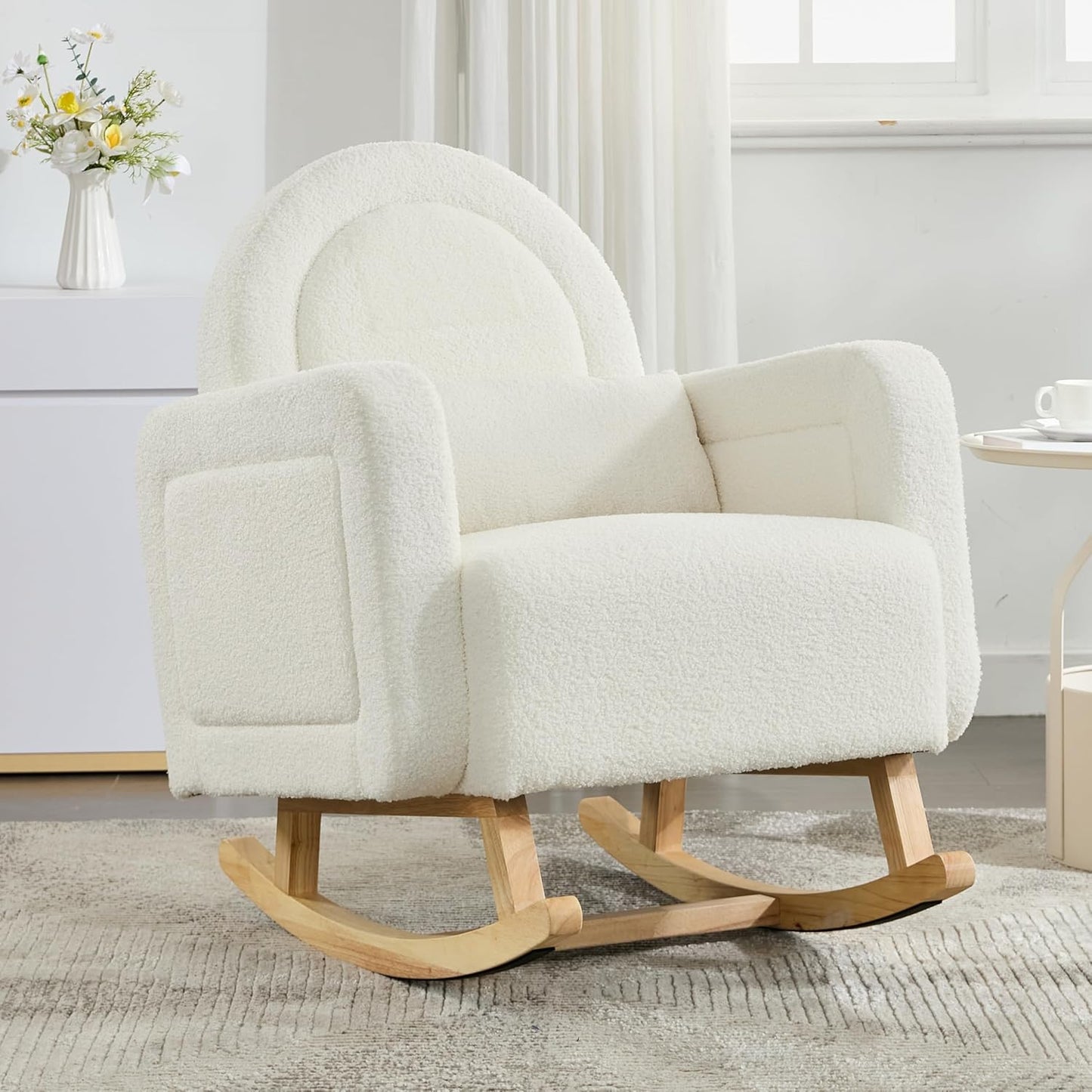 Christopher Knight Home Kiin Wooden Rocking Chair Indoor with Curved Back, Teddy Upholstered Rockers with Pillow, Comfy Accent Chair with Armrest for Bedroom, Living Room, Offices, Cream White