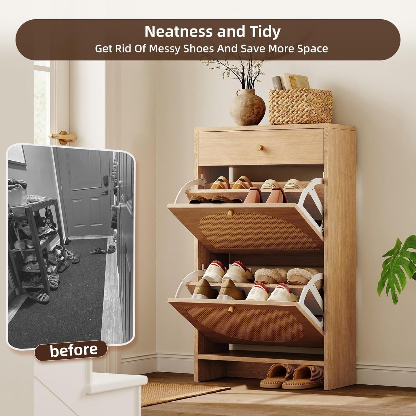 Nicetree Shoe Storage Organizer with 2 Flip Drawers and 1 Drawer, Freestanding Fluted Accent Narrow Shoe Rack, Farmhouse Shoe Cabinet with 3-Tier Adjustable Shelves for Hallway Foyer Rustic