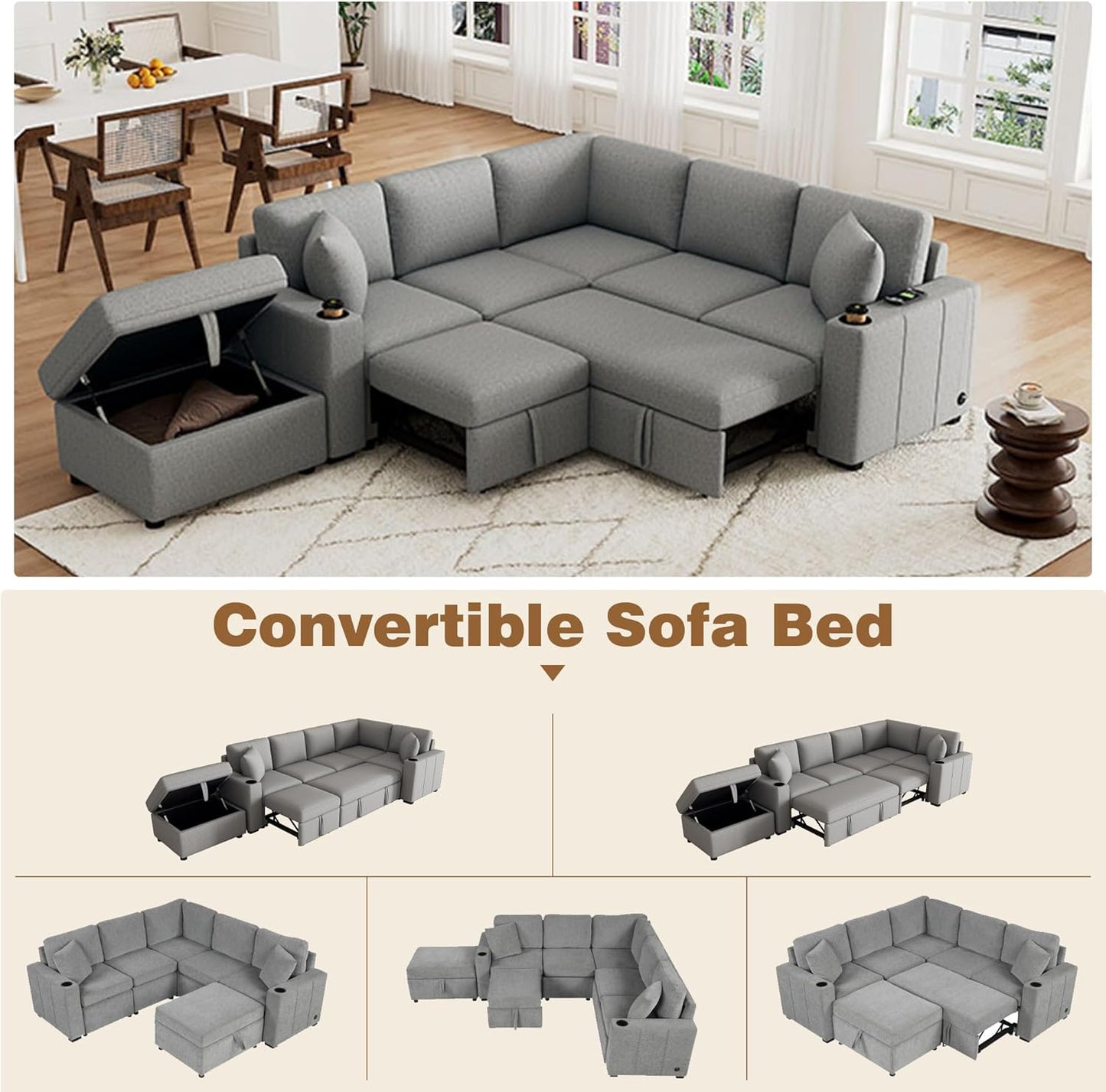 84.7" Symmetrical Convertible Sleeper Sectional Sofa Couch Bed for Living Room 4 Seater L Shaped Reversible Pull Out Sleeper Sofabed with Movable Ottoman ,2 Cup Holders ,USB Ports, Detachable Backrest