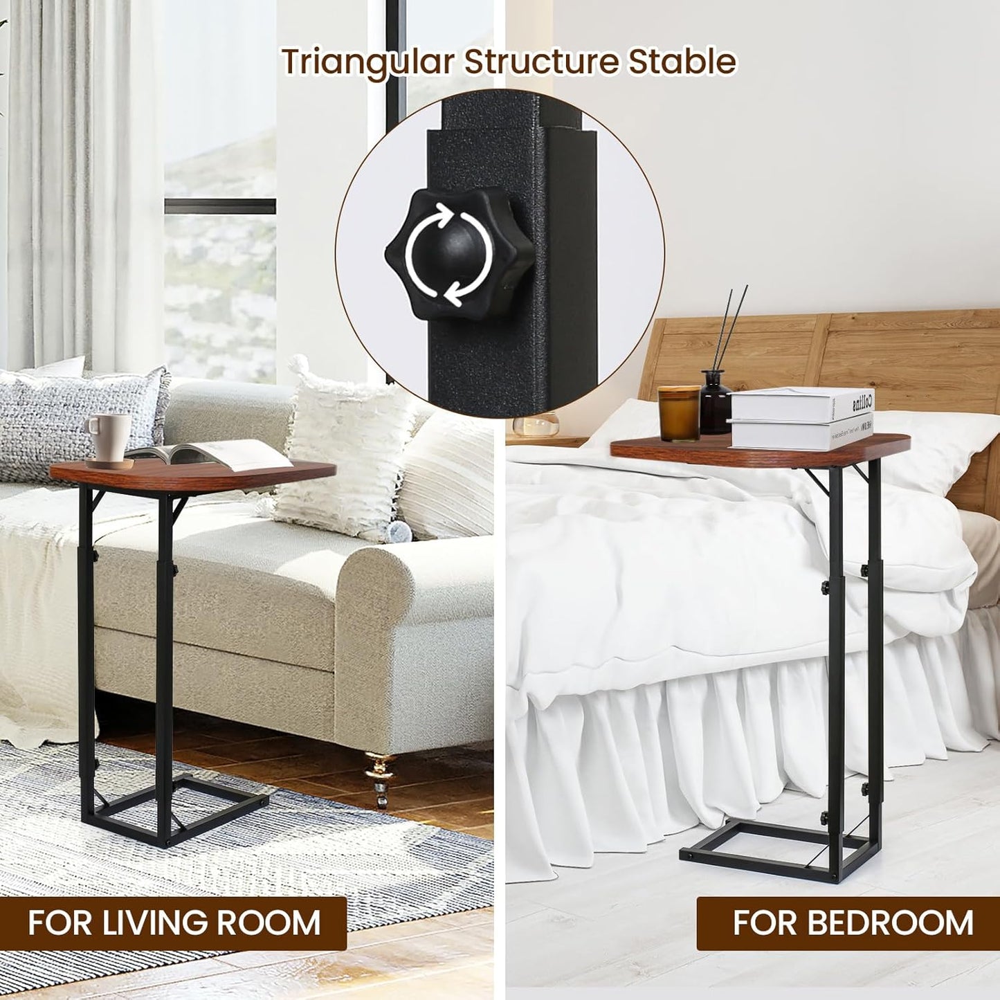 Premium Adjustable C-Shaped End Table for Couch, Mini Side Tables for Sofa, Small Coffee Table with Metal Frame, Beautiful and Practical Sidekick for Your Living Room, Bedroom, Bedside, Rustic Brown