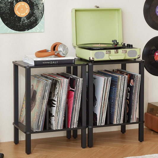 LELELINKY 2-Tier Bamboo Record Player Stand Set of 2 with Vinyl Record Storage up to 100 Albums, Boho Bedroom Record Holder and Multi-Functional End Table for Living Room, Black