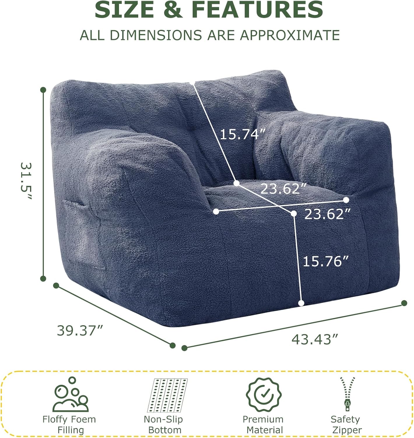 HIGOGOGO Giant Bean Bag Chairs for Adults,Big Comfy Chair Sofa for Bedroom Living Room, Large Lazy Bean Bag Chair with Pocket Armrests for Gaming, Reading