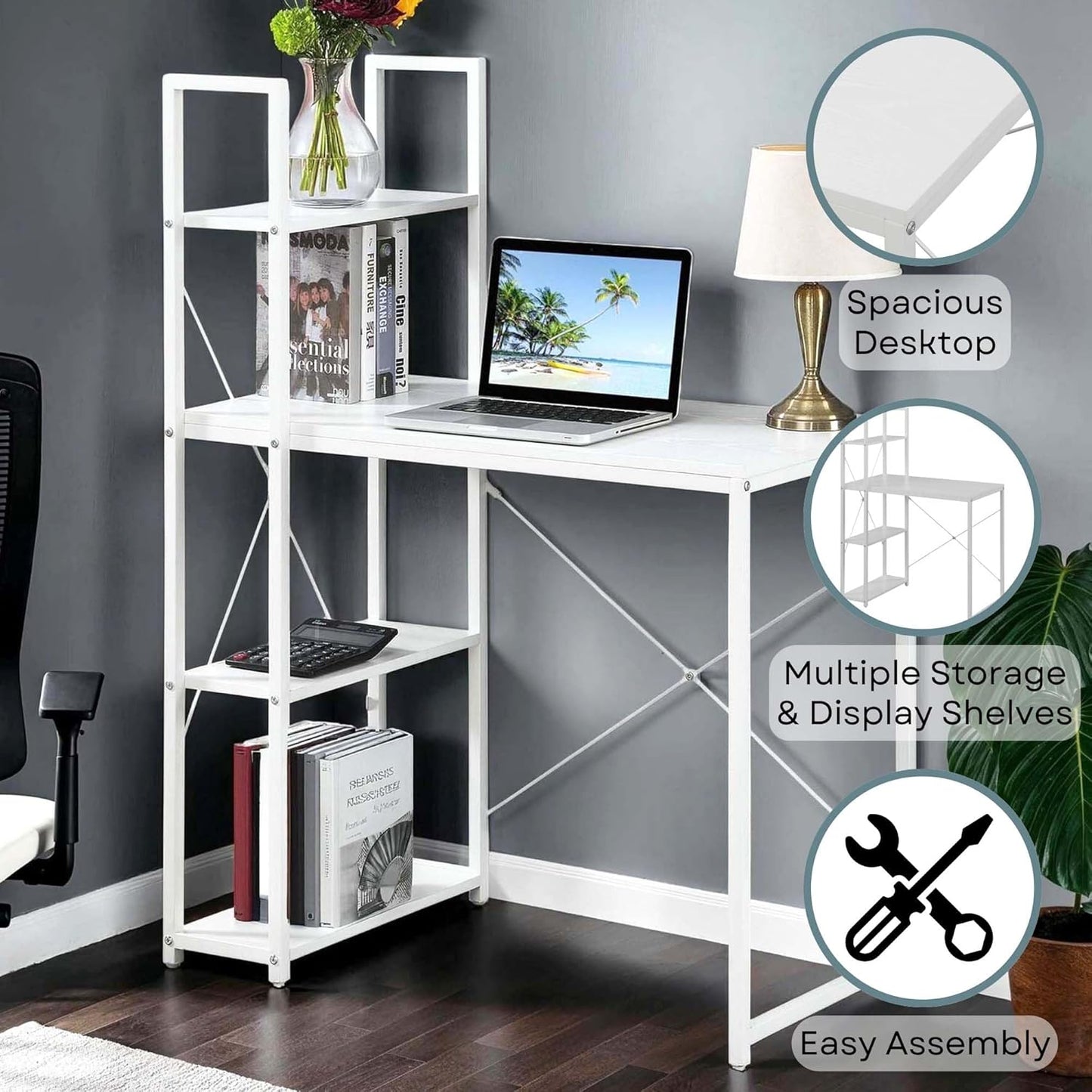 Convenience Concepts Desigsn2Go Office Workstation Desk 36" - Modern, Contemporary Writing Accent with Storage Shelves for Dorm Room & Home Study, White