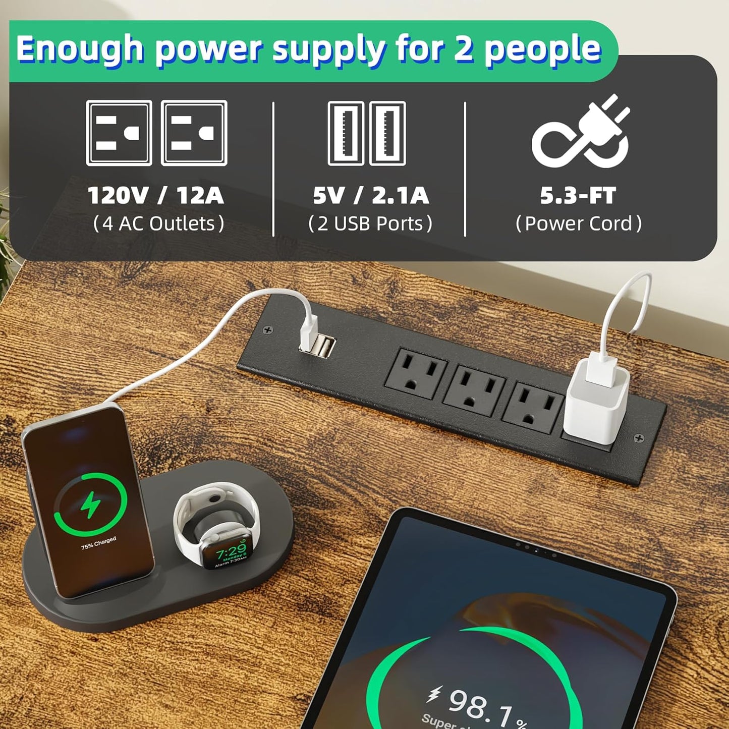 93'' Two Person Desk with Charging Station, Long Desk with 3 Fabric Drawers and Printer Shelf, Double Computer Desk, 2 Person Writing Study Table Workstation for Home Office, Rustic Brown