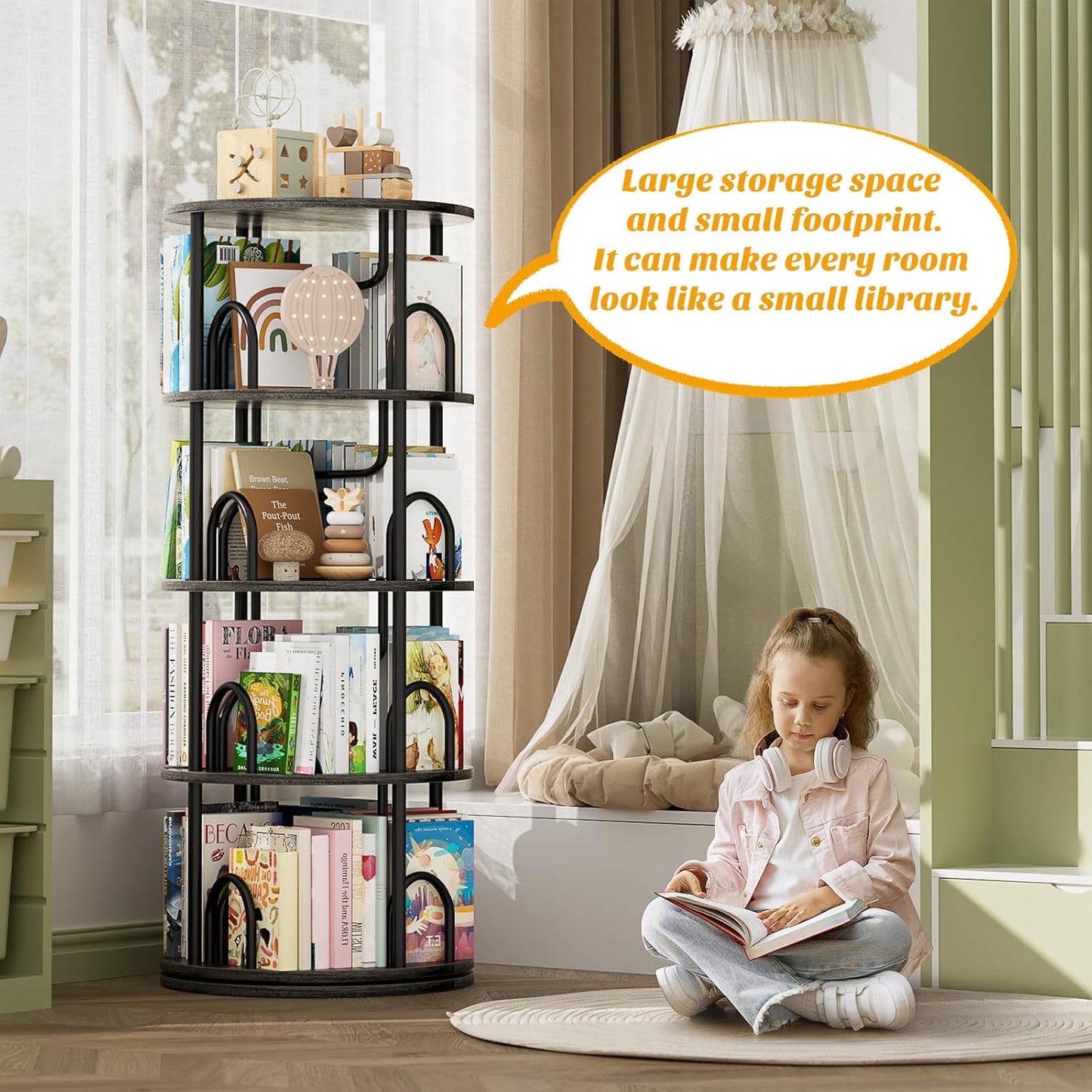 Aheaplus 4 Tier Rotating Bookshelf Tower, 360 Display Spinning Bookcase, Revolving Round Book Shelf Narrow Swivel Bookshelf, Vertical Turning Corner Book Organizer for Small Space, Black Oak