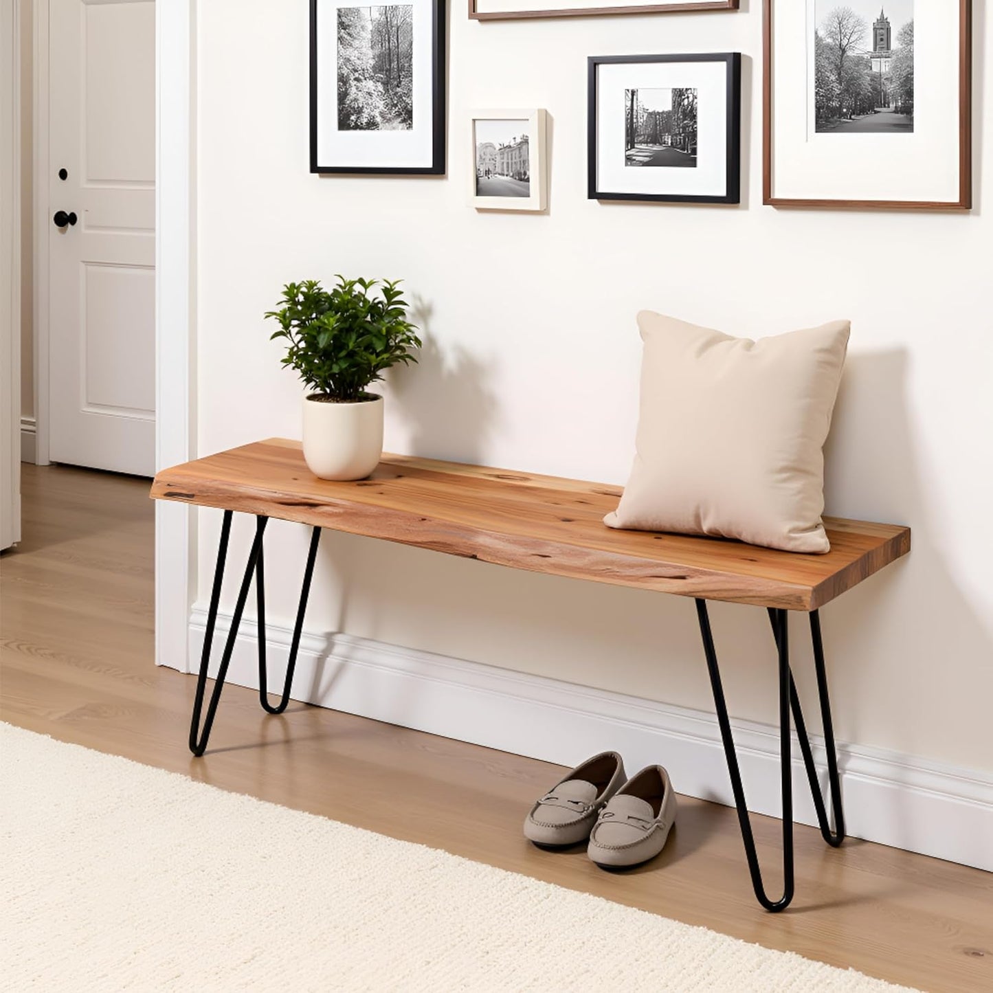 Alaterre Furniture 36-Inch Live Edge Wood Bench – Natural Acacia Wood Top with Metal Hairpin Legs – Sturdy and Easy to Assemble Rustic Modern Entryway or Accent Bench