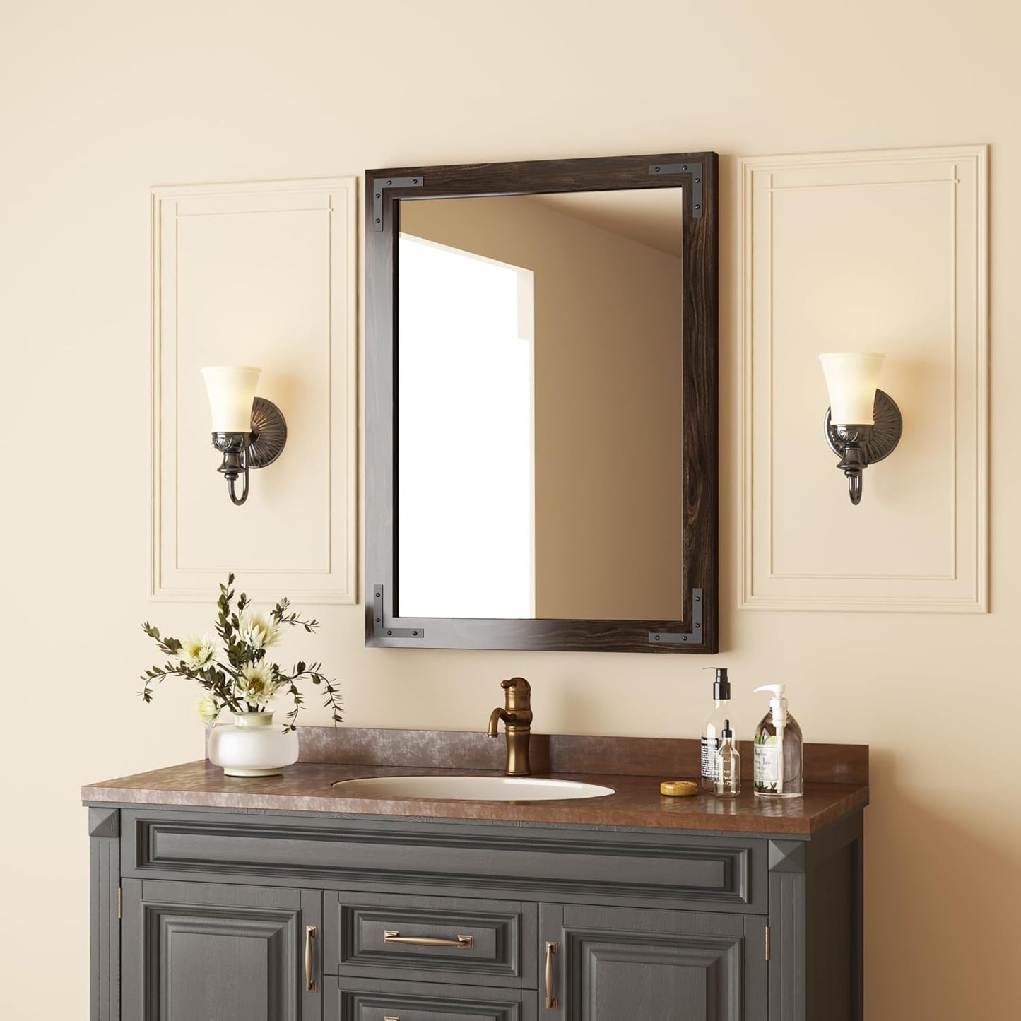 VocalStar Black Wood Framed Mirror 24 x 36 Inch, Rustic Natural Black Wooden Rectangle Bathroom Vanity Wall Mirror for Farmhouse Boho Decor, 1/4-inch Shatterproof Glass | Waterproof