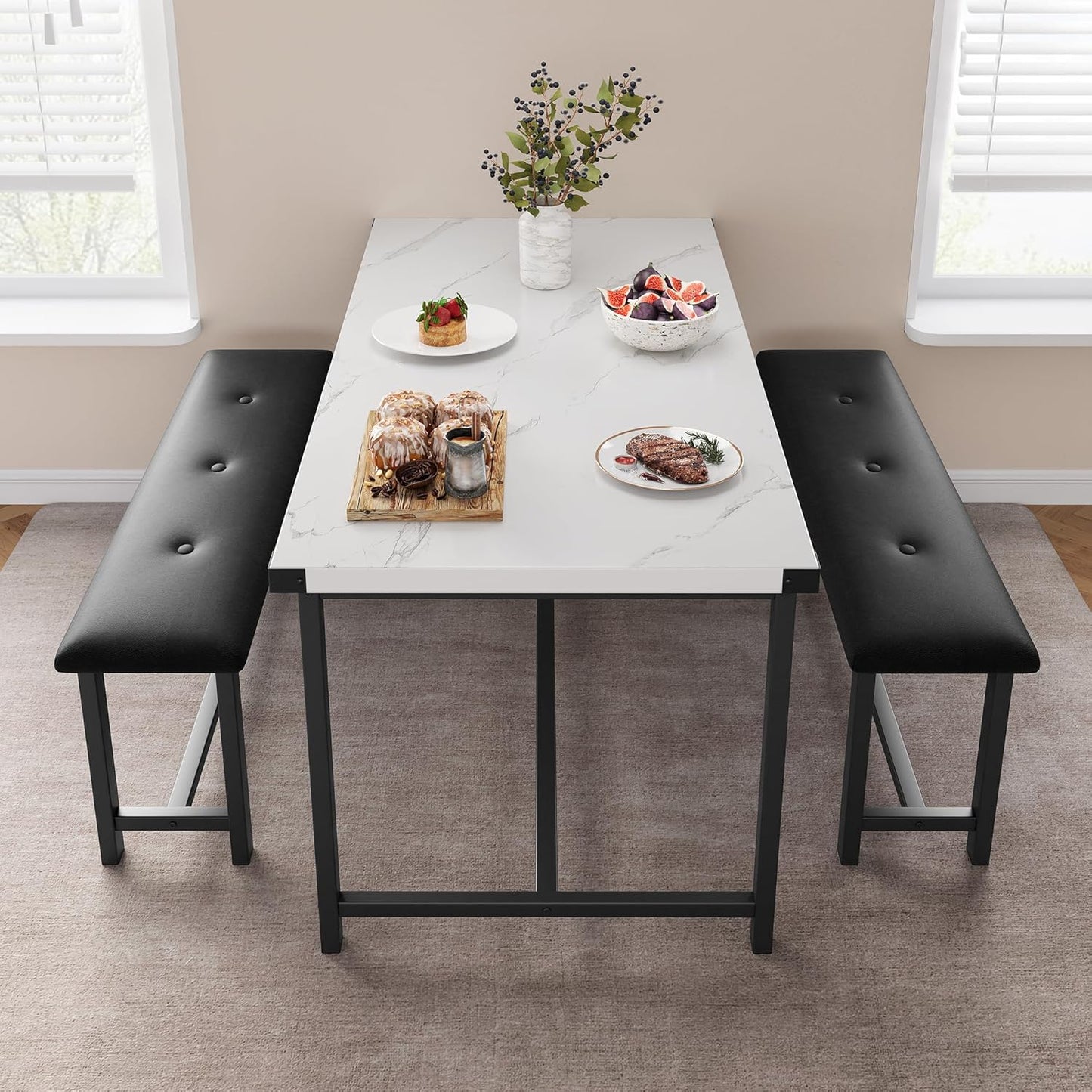 Dining Table Set for 4, Kitchen Table with 2 Upholstered Benches, 3-Piece Dining Room Set for Kitchen, Apartment and Small Spaces, Marble White