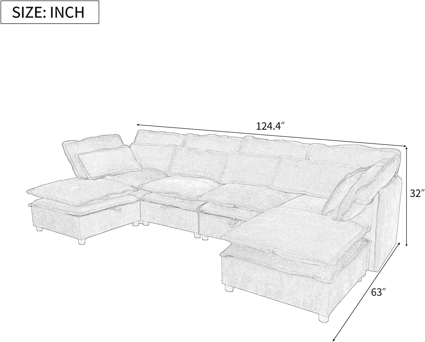 Ball & Cast 124.4" Modular Sectional Sofa,Oversized U-Shaped Couch with Storage Seat,Freely Combinable 6-Seater Set w/Double-Layer Cushion,for Living Rooms,Offices and Apartments,Beige